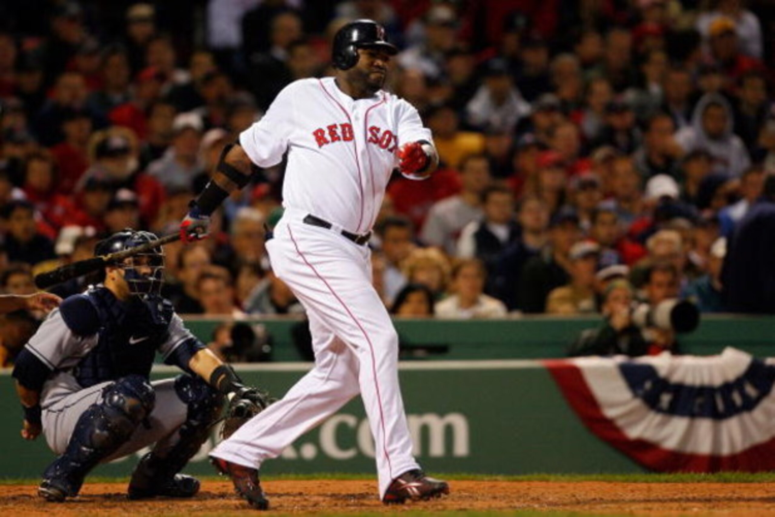 BOSTON - OCTOBER 16:  David Ortiz #34 of the Boston Red Sox bats against the Tampa Bay Rays in game five of the American League Championship Series during the 2008 MLB playoffs at Fenway Park on October 16, 2008 in Boston, Massachusetts.  (Photo by Jim Ro