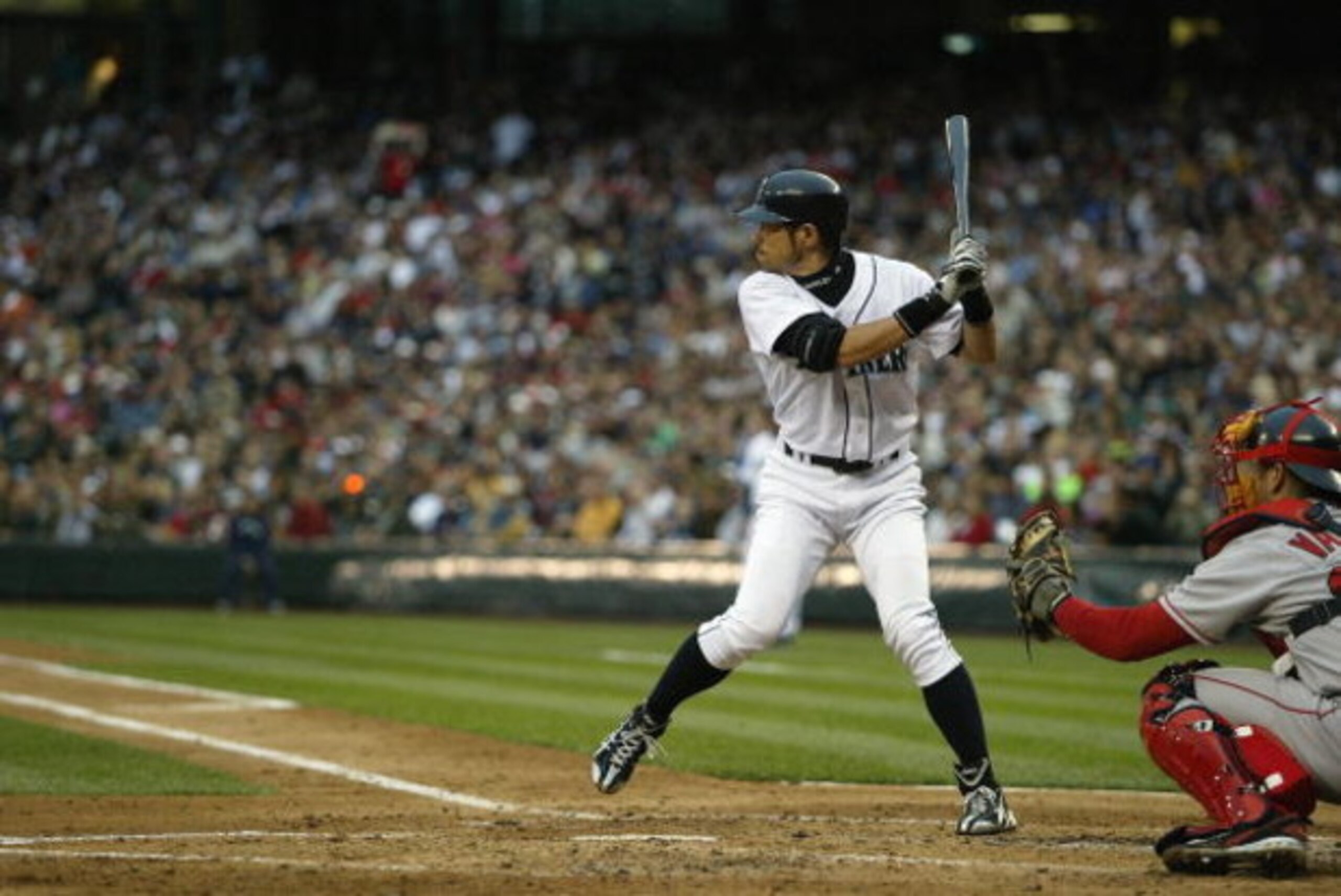 SEATTLE - JULY 22:  Ichiro Suzuki #51 of the Seattle Mariners bats against the Boston Red Sox on July 22, 2008 at Safeco Field in Seattle, Washington. (Photo by Otto Greule Jr/Getty Images)