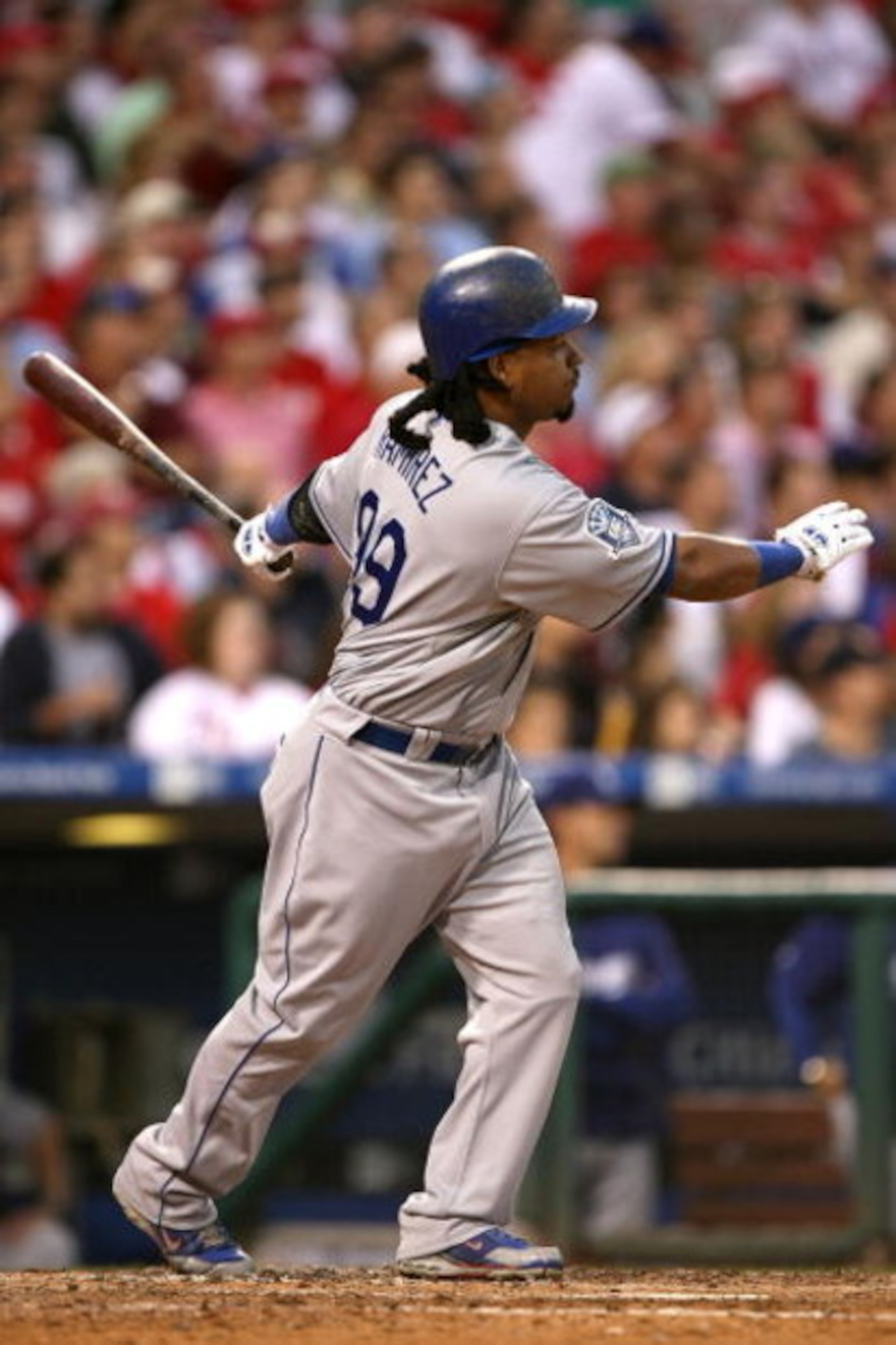 PHILADELPHIA - OCTOBER 10:  Manny Ramirez #99 of the Los Angeles Dodgers hits a 3-run home run in the top of the fourth inning against the Philadelphia Phillies in Game Two of the National League Championship Series during the 2008 MLB playoffs on October