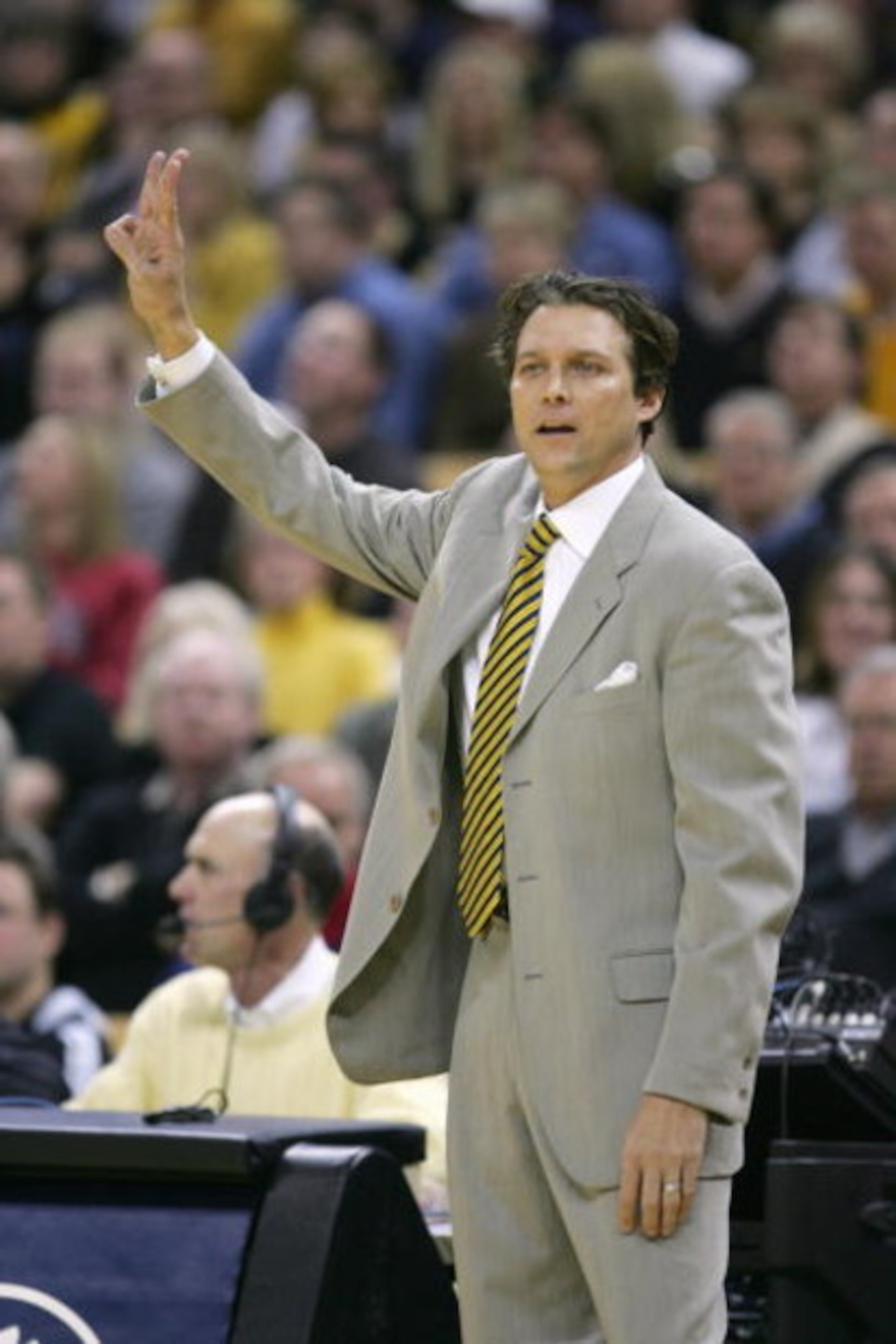 COLUMBIA, MO - JANUARY 16: Head coach Quin Snyder of the Missouri Tigers signals during the game against the Kansas Jayhawks on January 16,2006 at Mizzou Arena in Columbia, Missouri. Missouri defeated Kansas 89-86 in overtime. (Photo by Elsa/Getty Images)