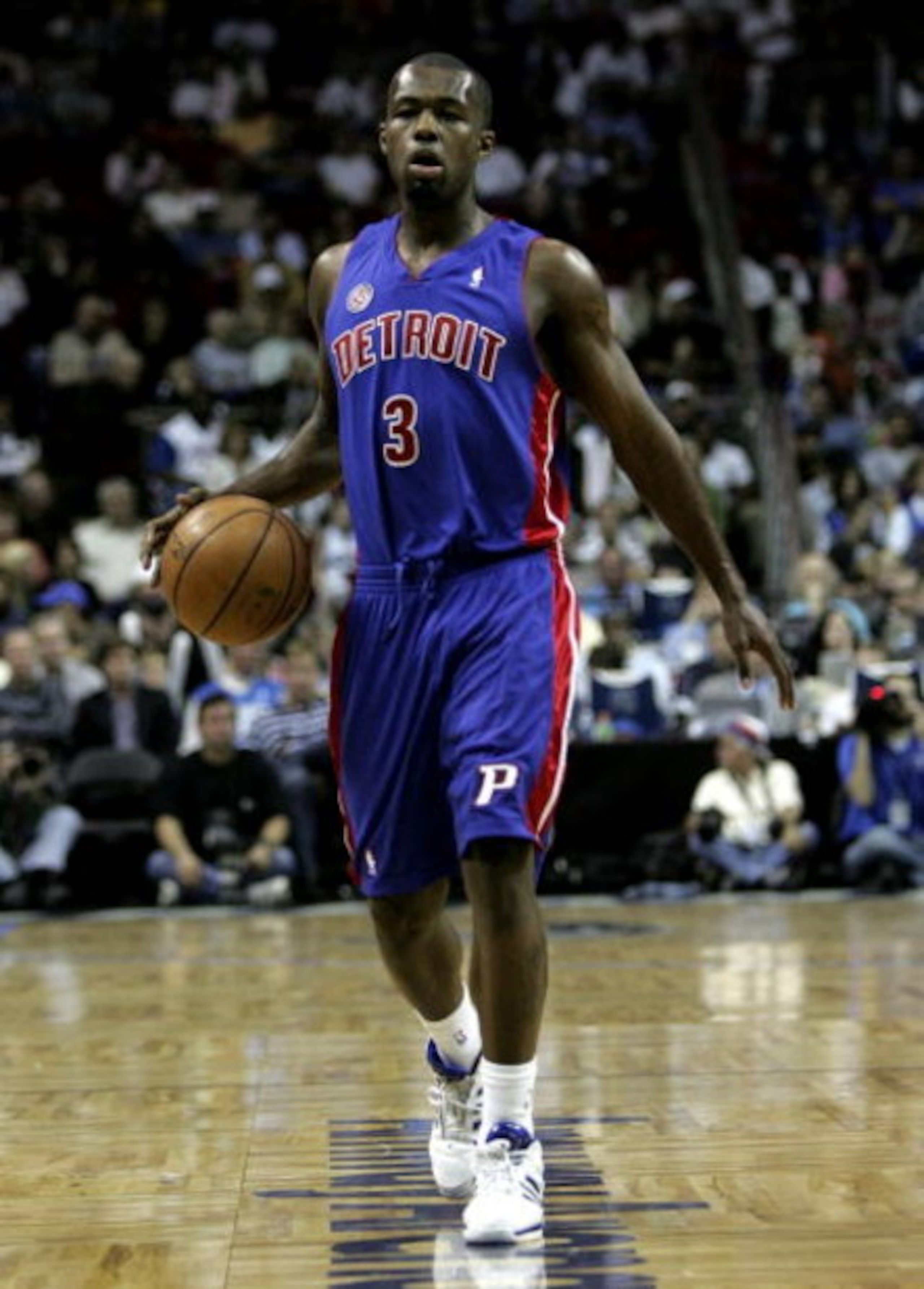 ORLANDO, FL - JANUARY 21:  Rodney Stuckey #3 of the Detroit Pistons, sets up the offense in a game against the Orlando Magic at Amway Arena on January 21, 2008 in Orlando, Florida. NOTE TO USER: User expressly acknowledges and agrees that, by downloading 