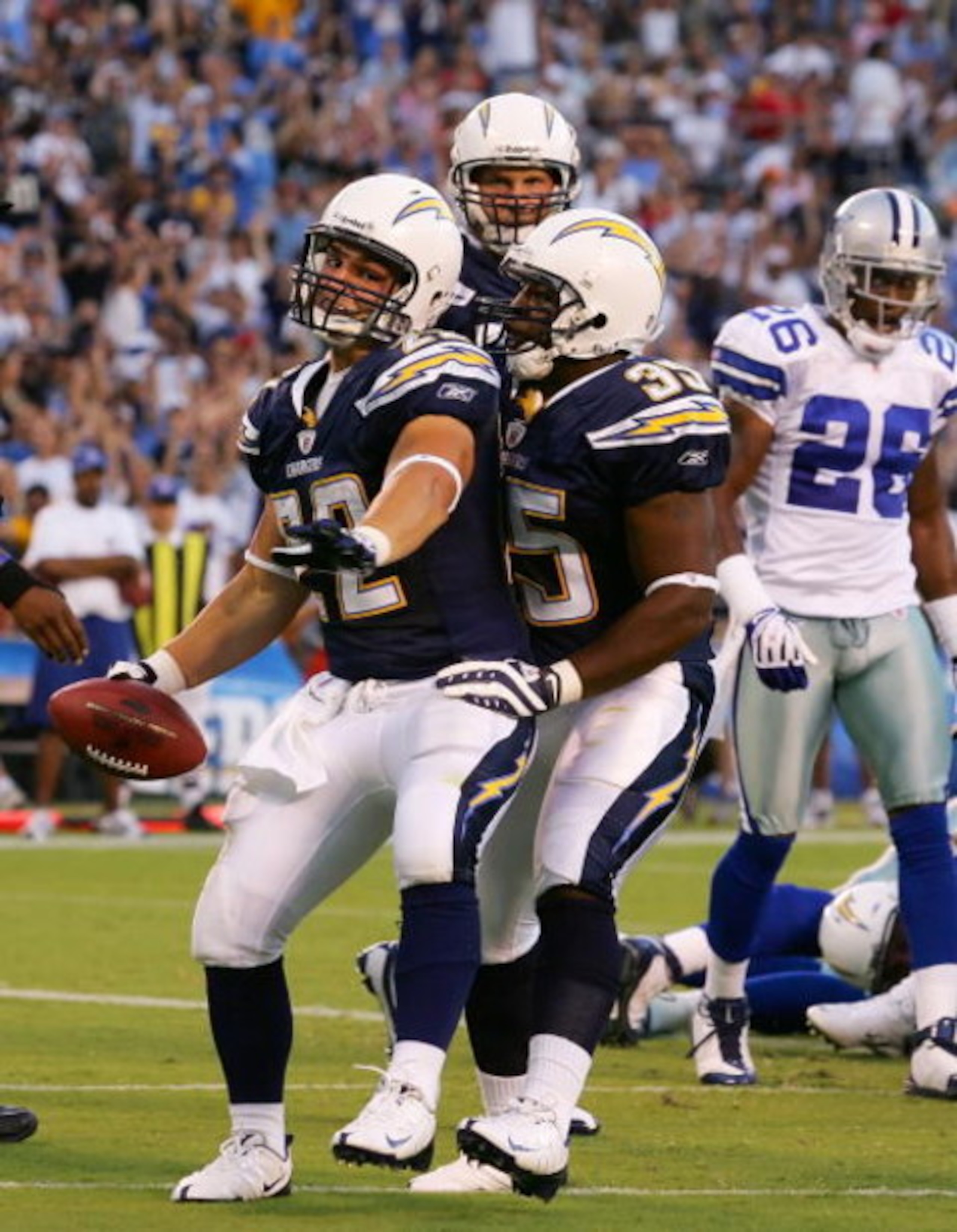 SAN DIEGO - AUGUST 09:   Jacob Hester #22 of the San Diego Chargers celebrates after scoring a touchdown in the first half against the Dallas Cowboys during a pre-season game at Qualcomm Stadium on August 9, 2008 in San Diego, California.  (Photo by Lisa 