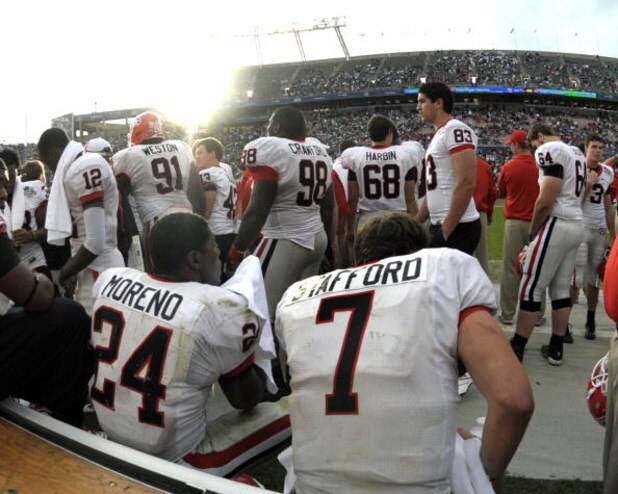 ORLANDO, FL - JANUARY 1: Quarterback Matthew Stafford #7 and running back Knowshon Moreno #24 of the University of Georgia watch from the bench during the final minutes of play against the Michigan State Spartans at the 2009 Capital One Bowl at the Citrus