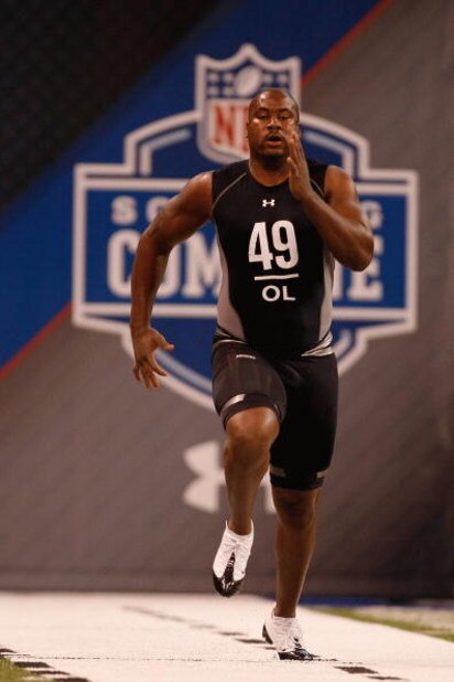 INDIANAPOLIS, IN - FEBRUARY 21:  Offensive lineman Jason Smith of Baylor runs the 40 yard dash during the NFL Scouting Combine presented by Under Armour at Lucas Oil Stadium on February 21, 2009 in Indianapolis, Indiana. (Photo by Scott Boehm/Getty Images