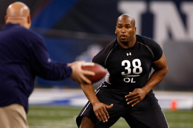 INDIANAPOLIS, IN - FEBRUARY 21:  Offensive lineman Eugene Monroe of Virginia participates in practice drills during the NFL Scouting Combine presented by Under Armour at Lucas Oil Stadium on February 21, 2009 in Indianapolis, Indiana. (Photo by Scott Boeh