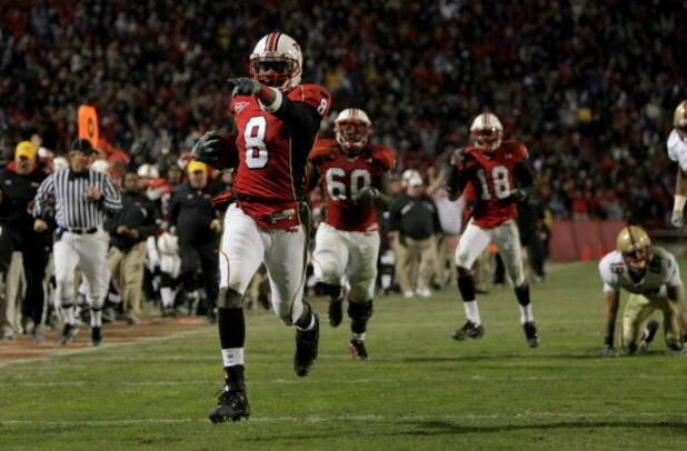 COLLEGE PARK, MD - NOVEMBER 10:  Darrius Heyward-Bey #8 of the Maryland Terrapins begins to celebrate as he scored on 37 yard reverse against the Boston College Eagles in the fourth quarter at Byrd Stadium on November 10, 2007 in College Park, Maryland. (