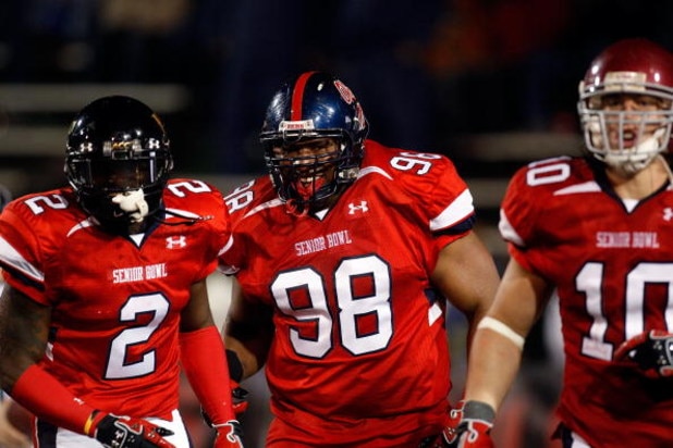 MOBILE, AL - JANUARY 24: Peria Jerry #98 of the South Team celebrates after scoring a touchdown on a fumble recovery against the North Team during the Under Armour Senior Bowl on January 24, 2009 at Ladd-Peebles Stadium in Mobile, Alabama. (Photo by Chris