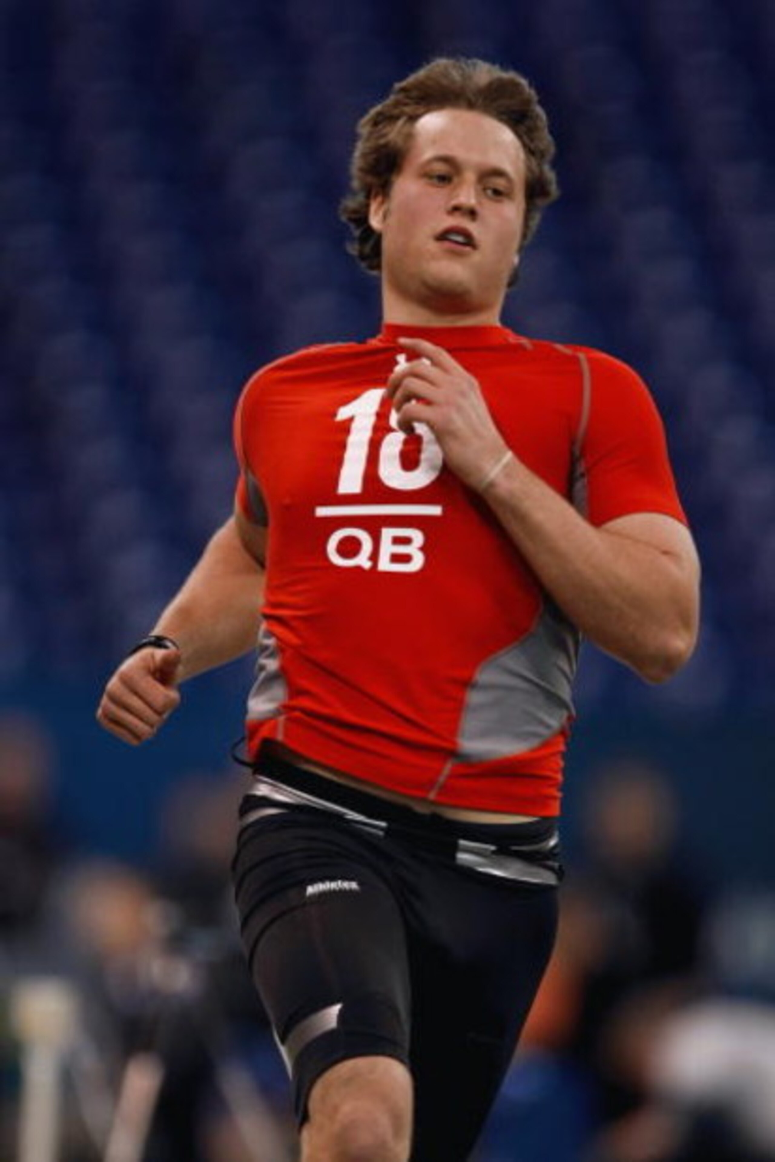 INDIANAPOLIS, IN - FEBRUARY 22:  Quarterback Matthew Stafford of Georgia runs the 40 yard dash during the NFL Scouting Combine presented by Under Armour at Lucas Oil Stadium on February 22, 2009 in Indianapolis, Indiana. (Photo by Scott Boehm/Getty Images