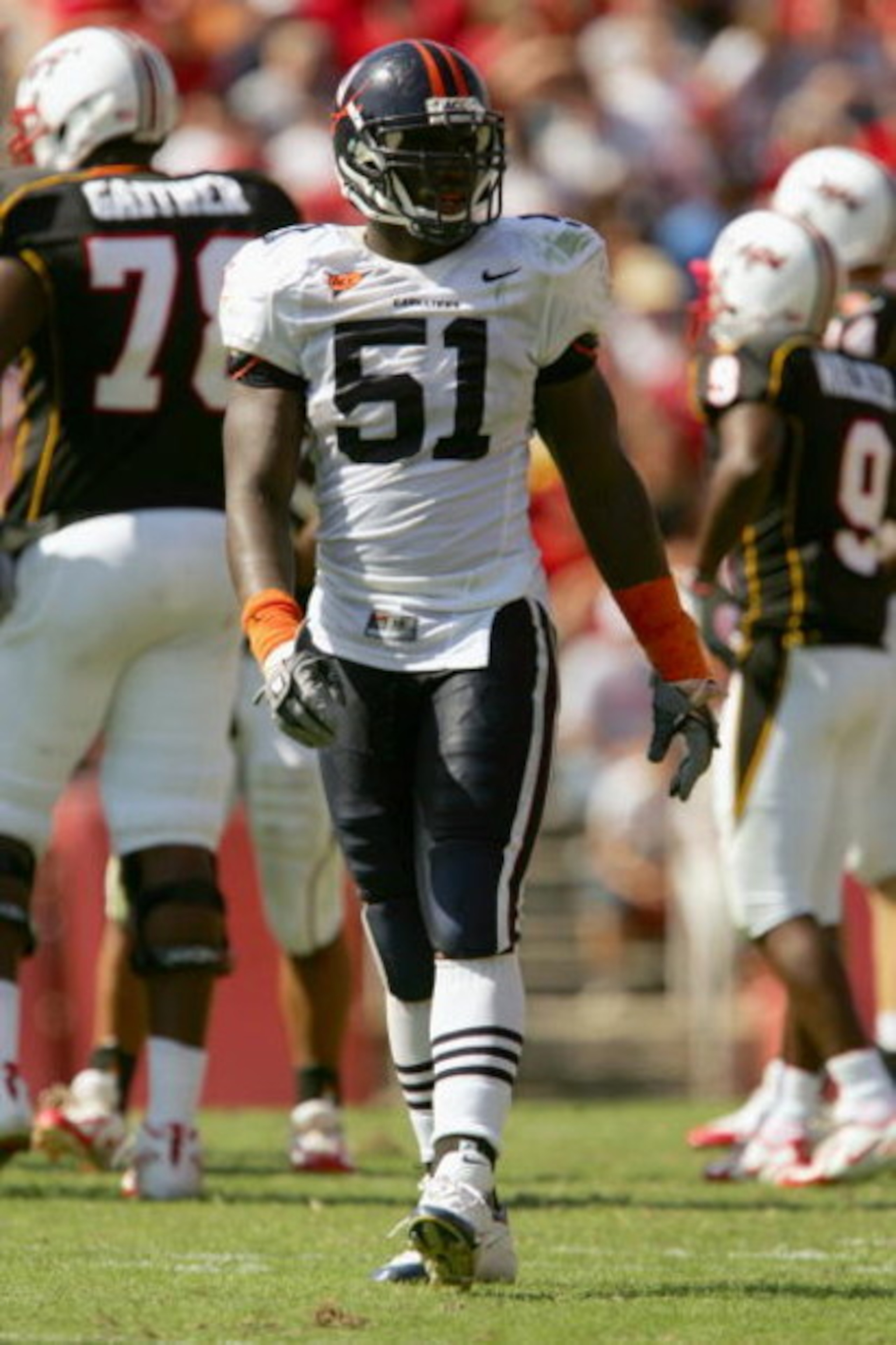 COLLEGE PARK, MD - OCTOBER 1:  Linebacker Clint Sintim #51 of the University of Virginia Cavaliers stands on the field against the University of Maryland Terrapins on October 1, 2005 at Byrd Stadium in College Park, Maryland.  Maryland won 45-33. (Photo b