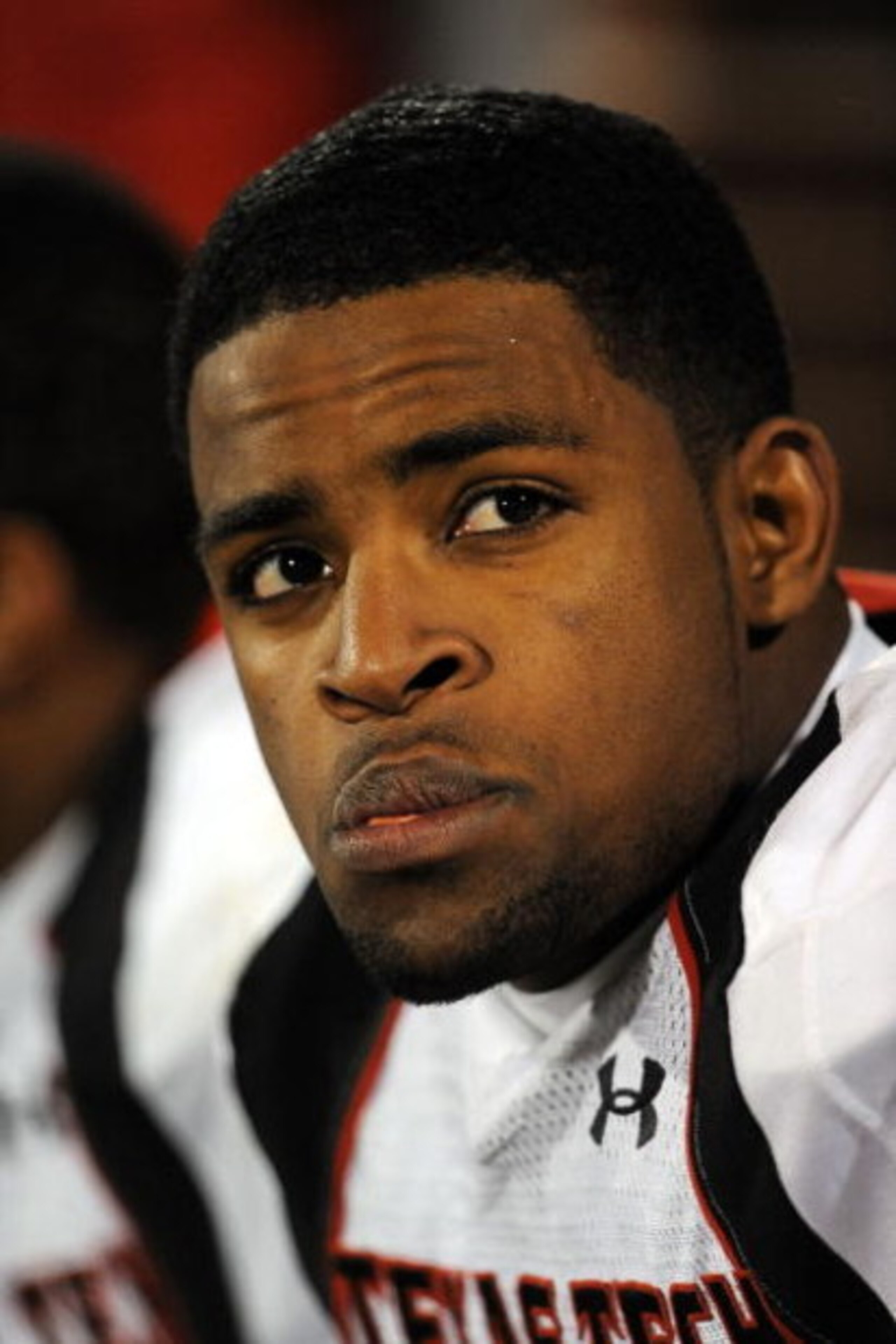 NORMAN, OK - NOVEMBER 22:  Wide receiver Michael Crabtree #5 of the Texas Tech Red Raiders on the sidelines during a 65-21 loss against the Oklahoma Sooners at Memorial Stadium on November 22, 2008 in Norman, Oklahoma.  (Photo by Ronald Martinez/Getty Ima