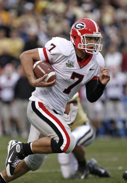 ATLANTA - NOVEMBER 24: Quarterback Matthew Stafford #7 of the Georgia Bulldogs rushes for a second quarter touchdown during the game against the Georgia Tech Yellow Jackets on November 24, 2007 at Bobby Dodd Stadium at Historic Grant Field in Atlanta, Geo