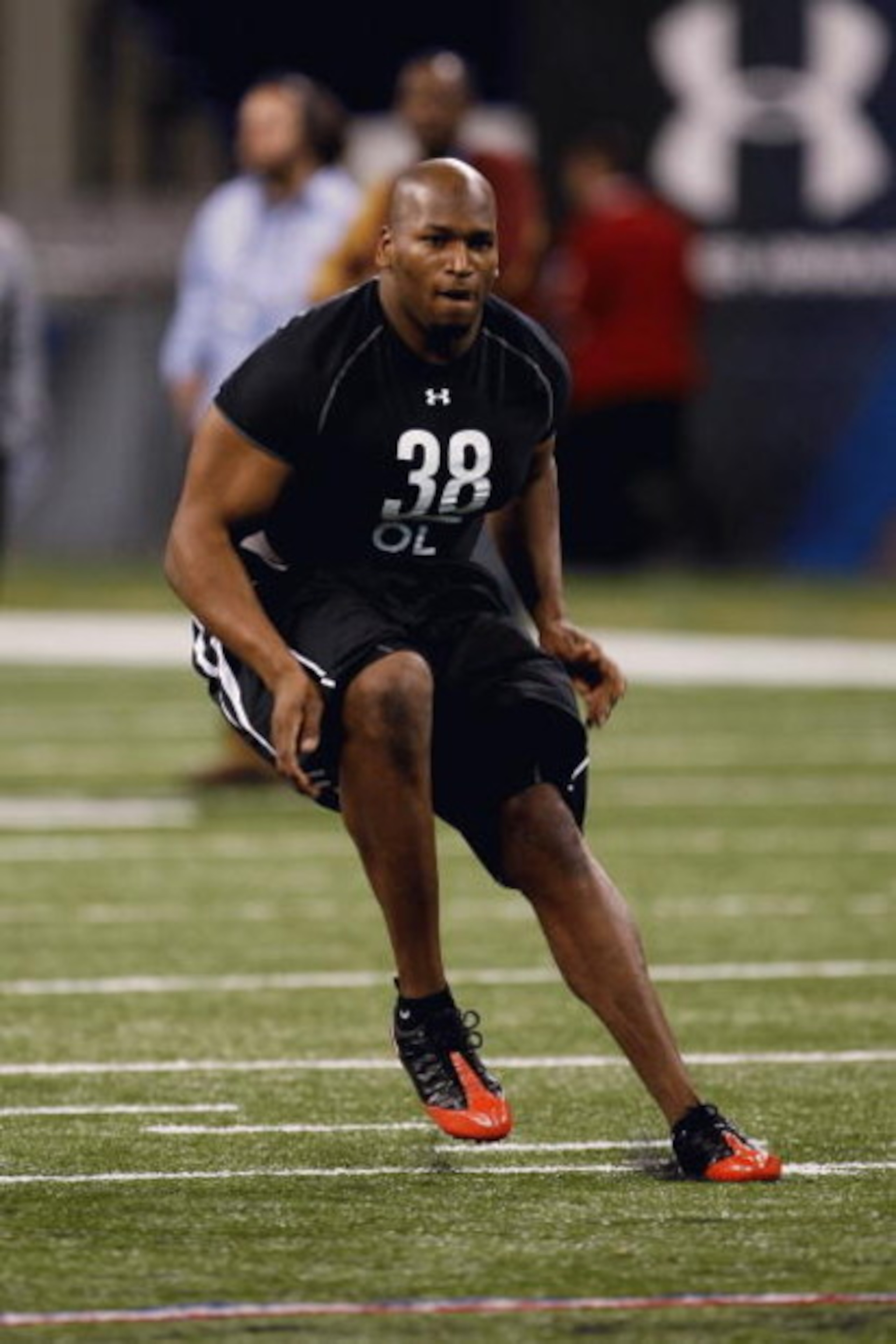 INDIANAPOLIS, IN - FEBRUARY 21:  Offensive lineman Eugene Monroe of Virginia runs in practice drills during the NFL Scouting Combine presented by Under Armour at Lucas Oil Stadium on February 21, 2009 in Indianapolis, Indiana. (Photo by Scott Boehm/Getty 