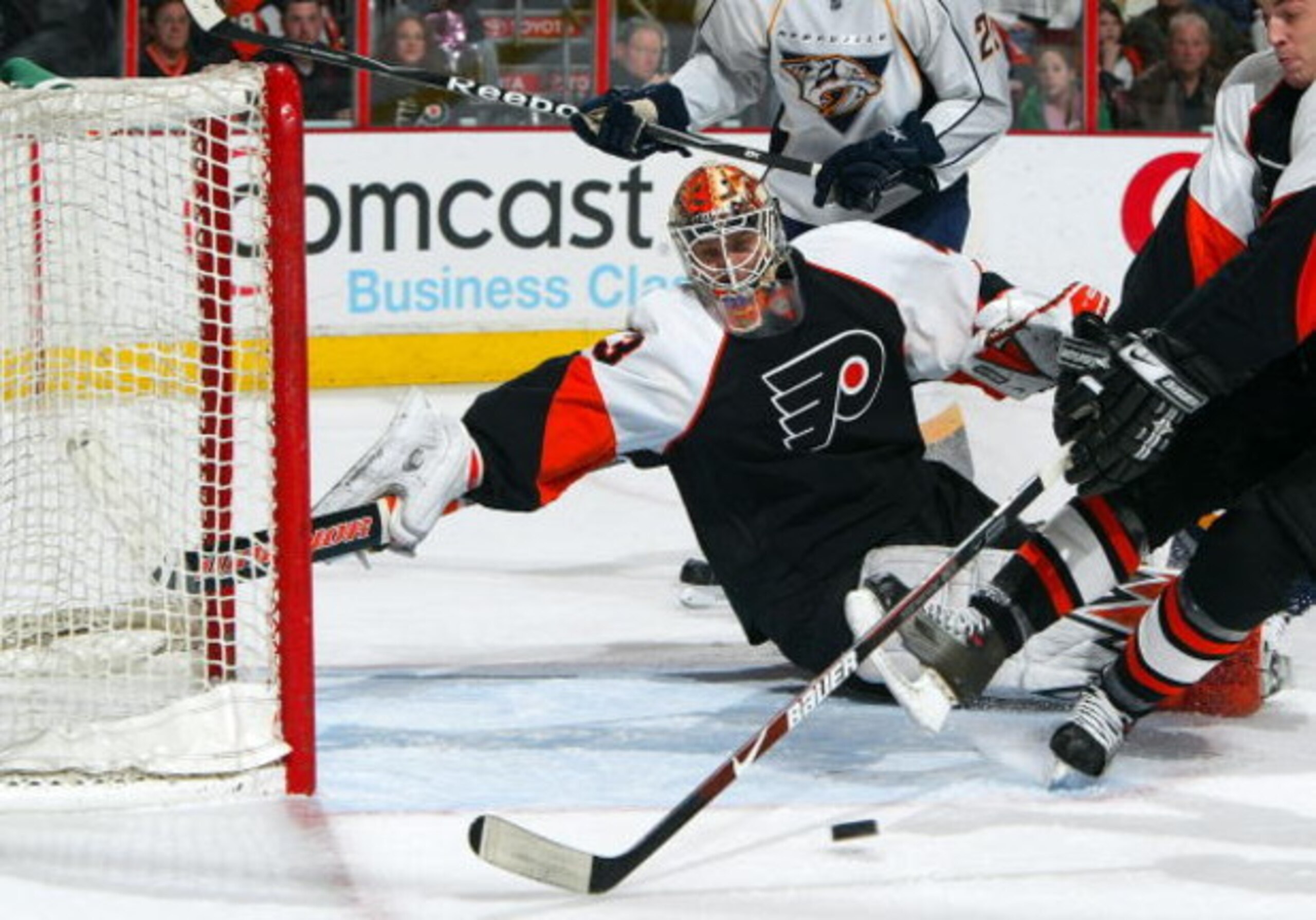 PHILADELPHIA - MARCH 07:  Martin Biron #43 of the Philadelphia Flyers makes a save against the Nashville Predators on March 7, 2009 at Wachovia Center in Philadelphia, Pennsylvania. The Flyers defeated the Predators 4-1.  (Photo by Jim McIsaac/Getty Image