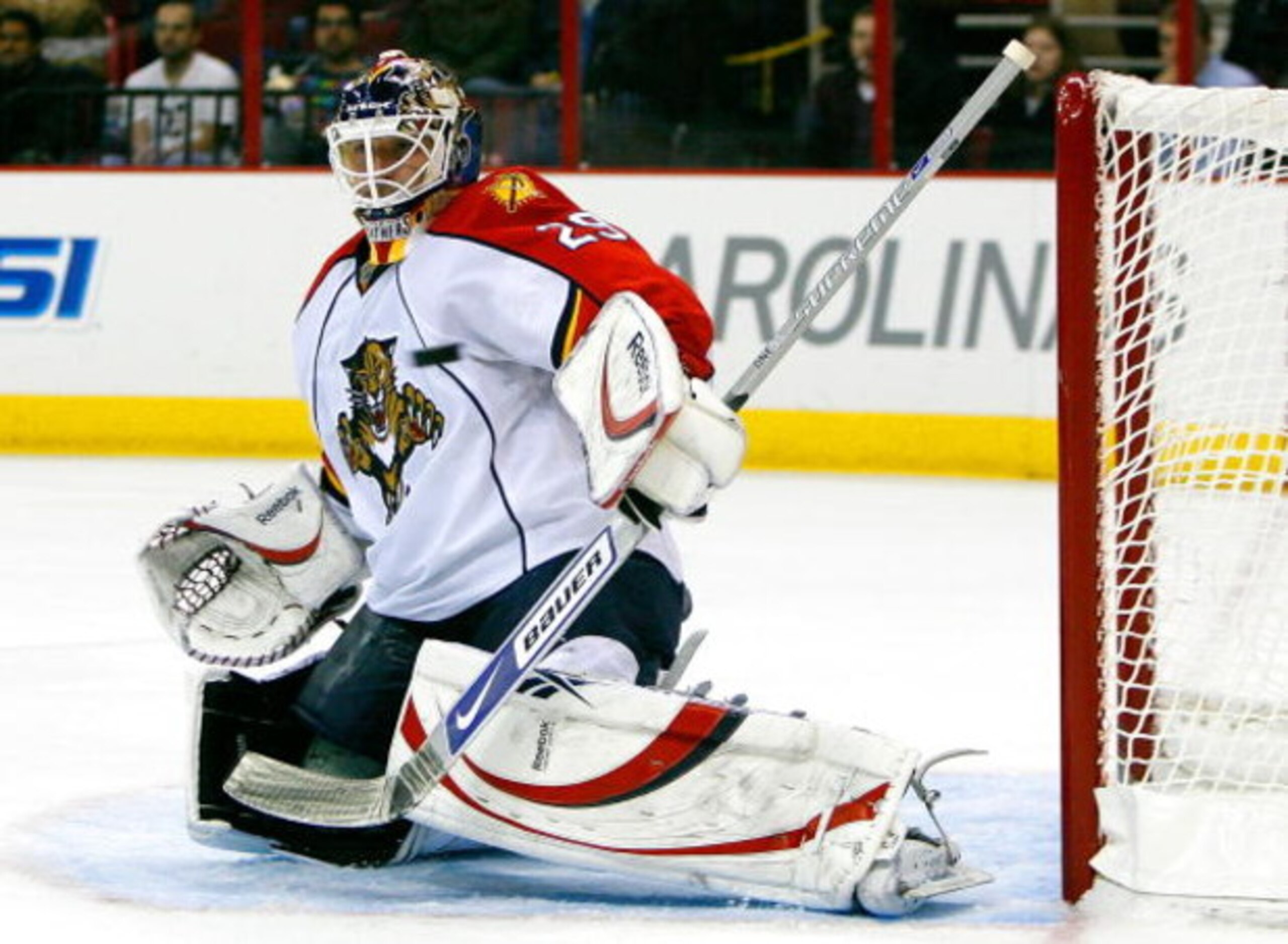 RALEIGH, NC - DECEMBER 18:  Goatlender Tomas Vokoun #29 of the Florida Panthers defends a shot on goal by the Carolina Hurricanes during the game at RBC Center December 18, 2008 in Raleigh, North Carolina.  (Photo by Kevin C. Cox/Getty Images)