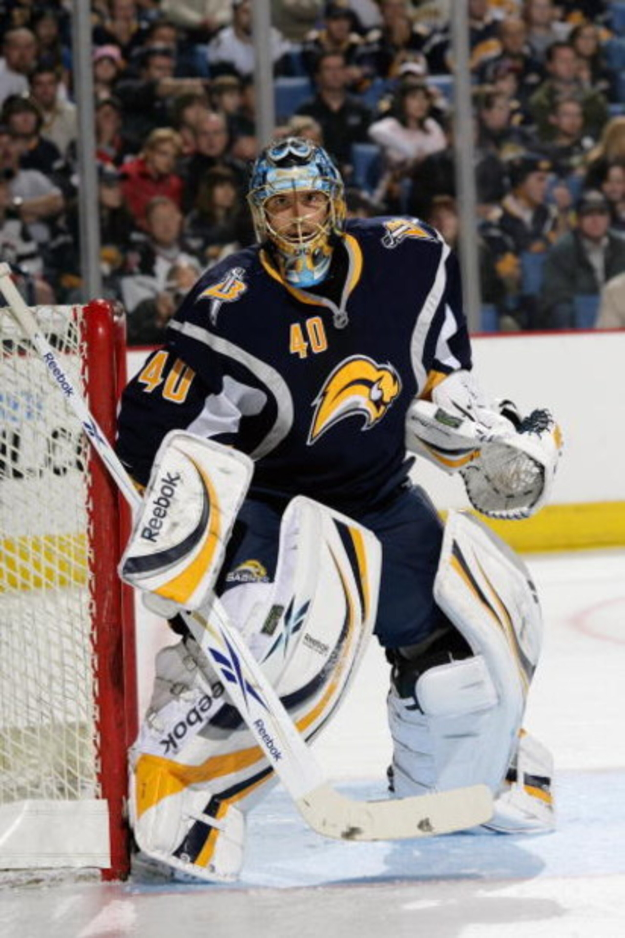 BUFFALO, NY - SEPTEMBER 28:  Goaltender Patrick Lalime #40 of the Buffalo Sabres defends his net during their NHL preseason NHL game against the Minnesota Wild on September 28, 2008 at HSBC Arena in Buffalo, New York. The Wild defeated the Sabres 2-1 in s