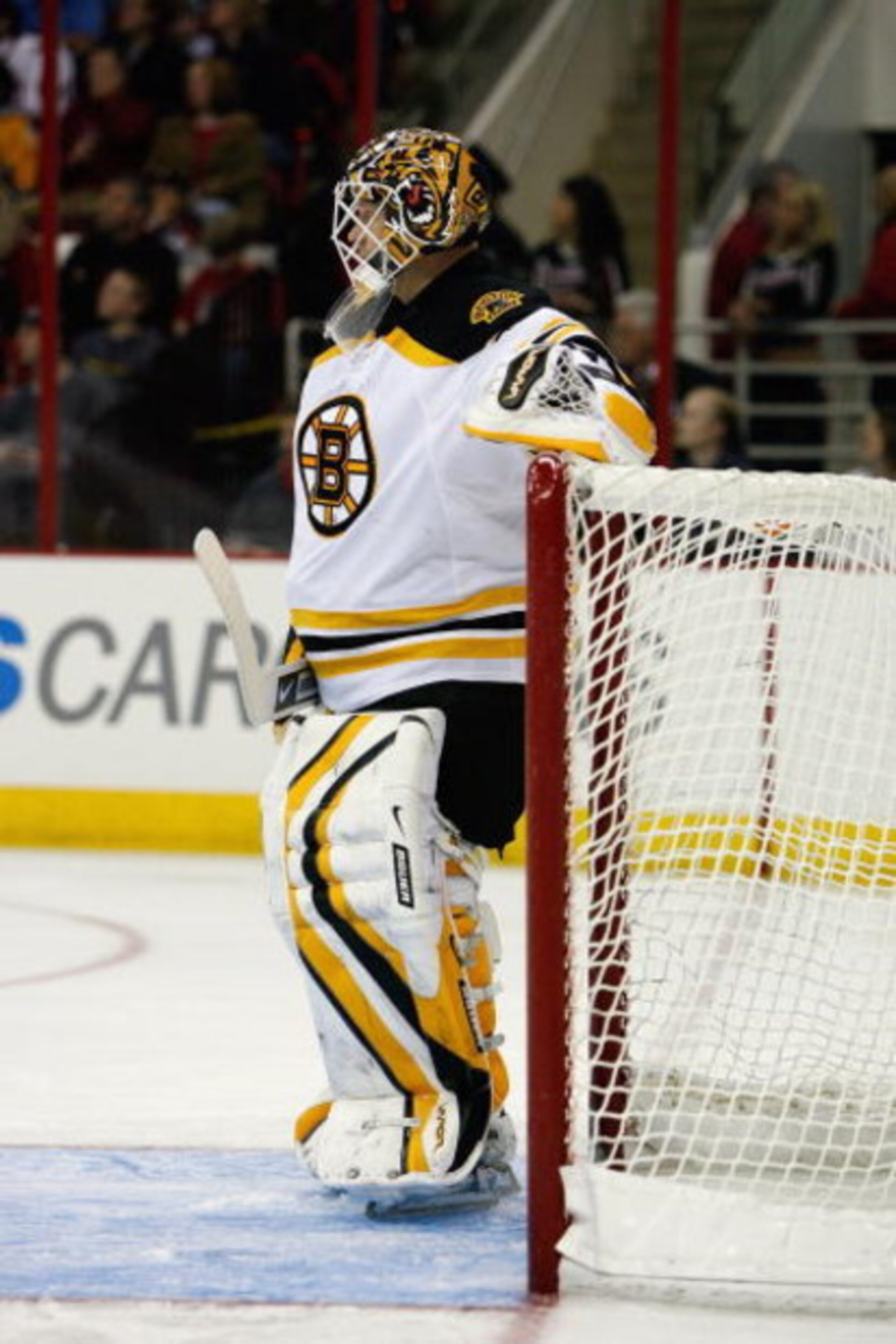 RALEIGH, NC - FEBRUARY 17:  Tim Thomas #30 of the Boston Bruins looks on during the game against the Carolina Hurricanes on February 17, 2009 at RBC Center in Raleigh, North Carolina.  (Photo by Kevin C. Cox/Getty Images)