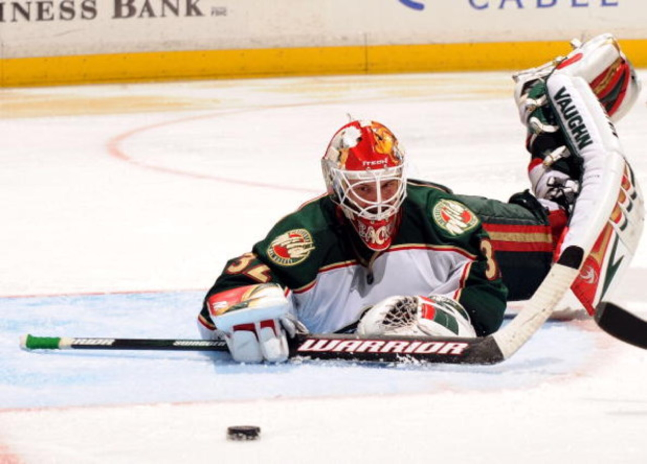 ANAHEIM, CA - MARCH 08:  Niklas Backstrom #32 of the Minnesota Wild  watches the puck slide past the crease in the game against the Anaheim Ducks during the third period at the Honda Center on March 8, 2009 in Anaheim, California.  The Wild won 3-2.  (Pho