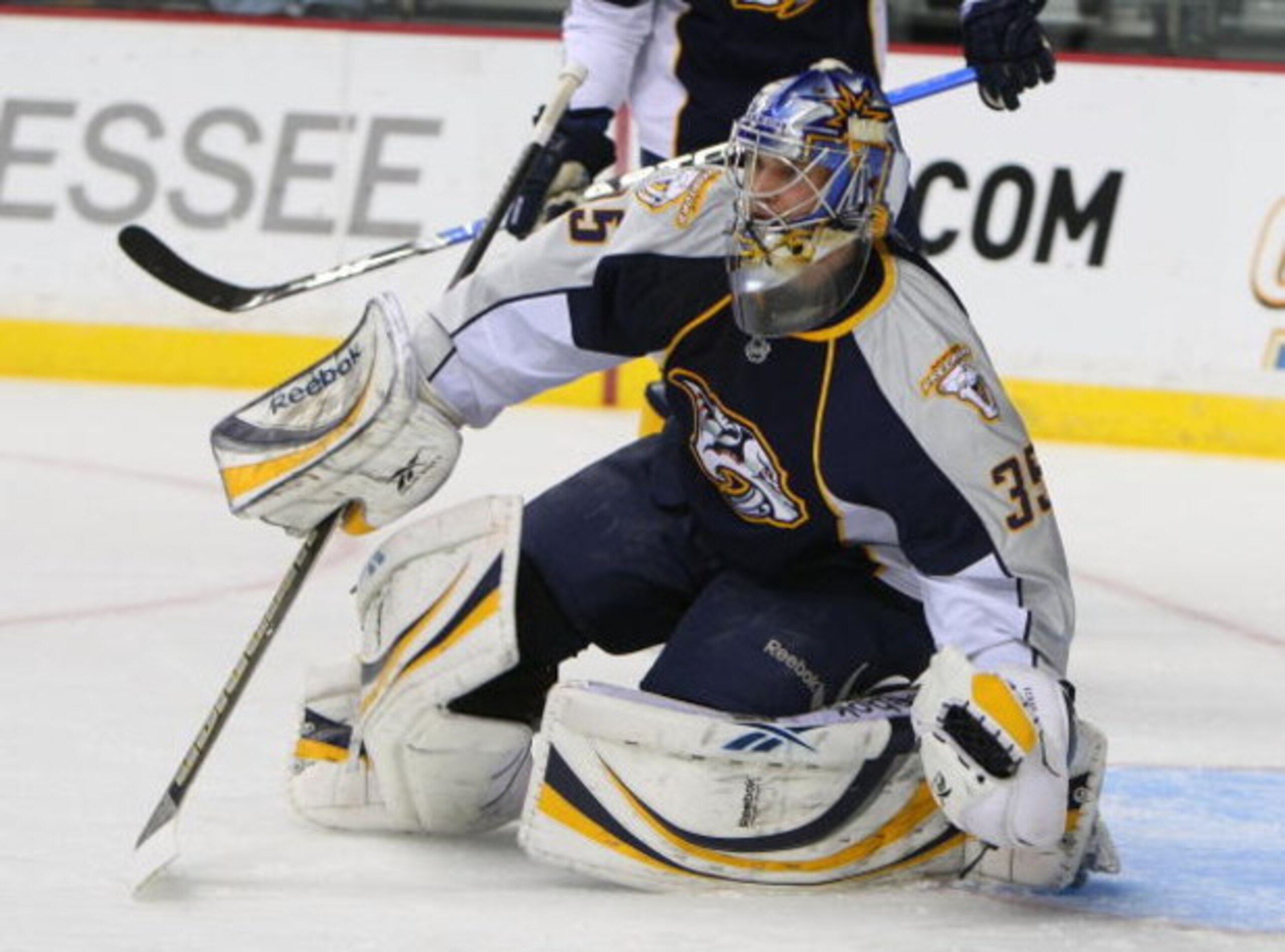 NASHVILLE, TN - FEBRUARY 05: Pekka Rinne #35 of the Nashville Predators makes the stop against the Anaheim Ducks on February 5, 2009 at the Sommet Center in Nashville, Tennessee. (Photo by Bruce Bennett/Getty Images)