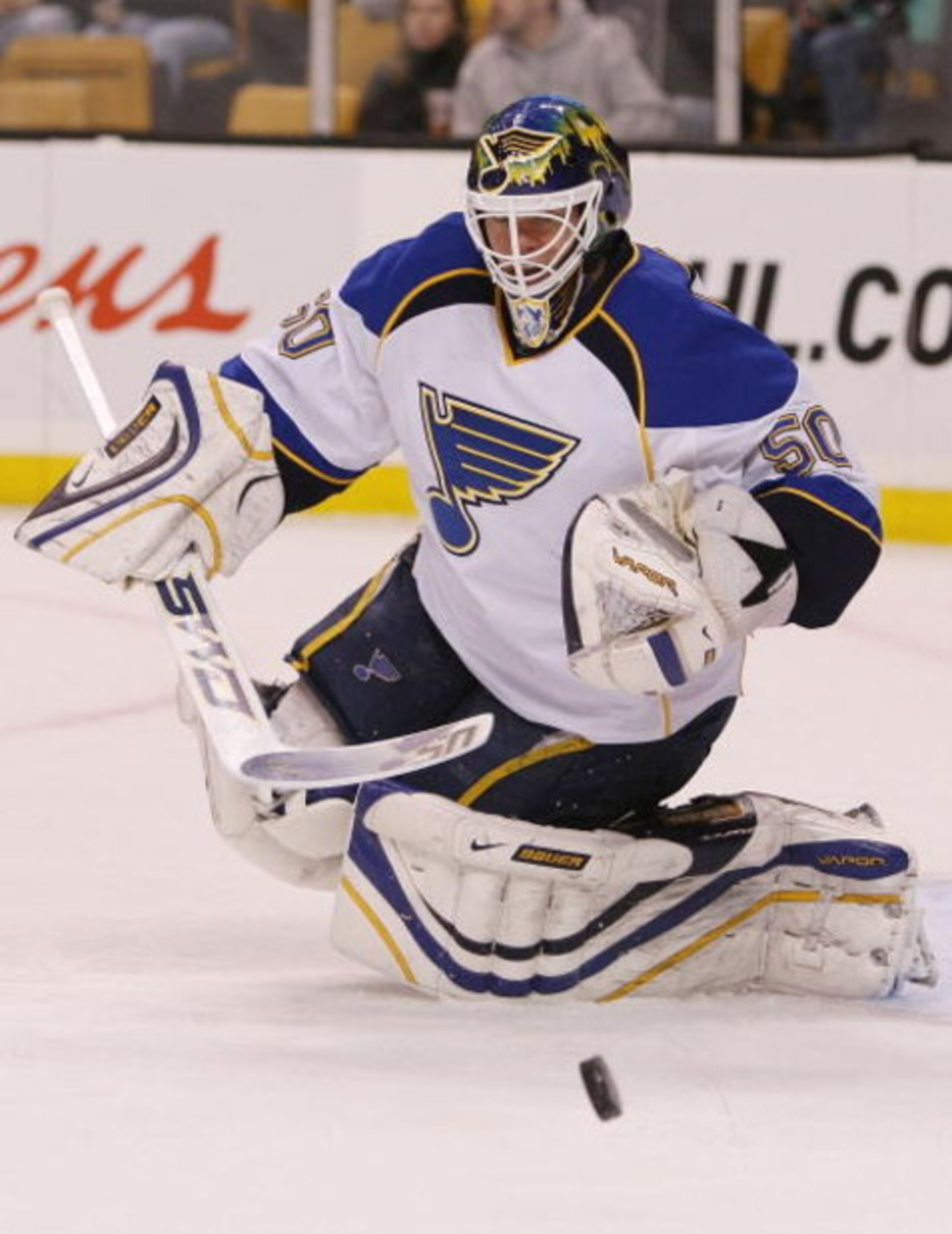 BOSTON - JANUARY 19:  Chris Mason #50 of the St. Louis Blues stops a shot in first period by the Boston Bruins on January 19, 2009 at the TD Banknorth Garden in Boston, Massachusetts.  (Photo by Elsa/Getty Images)