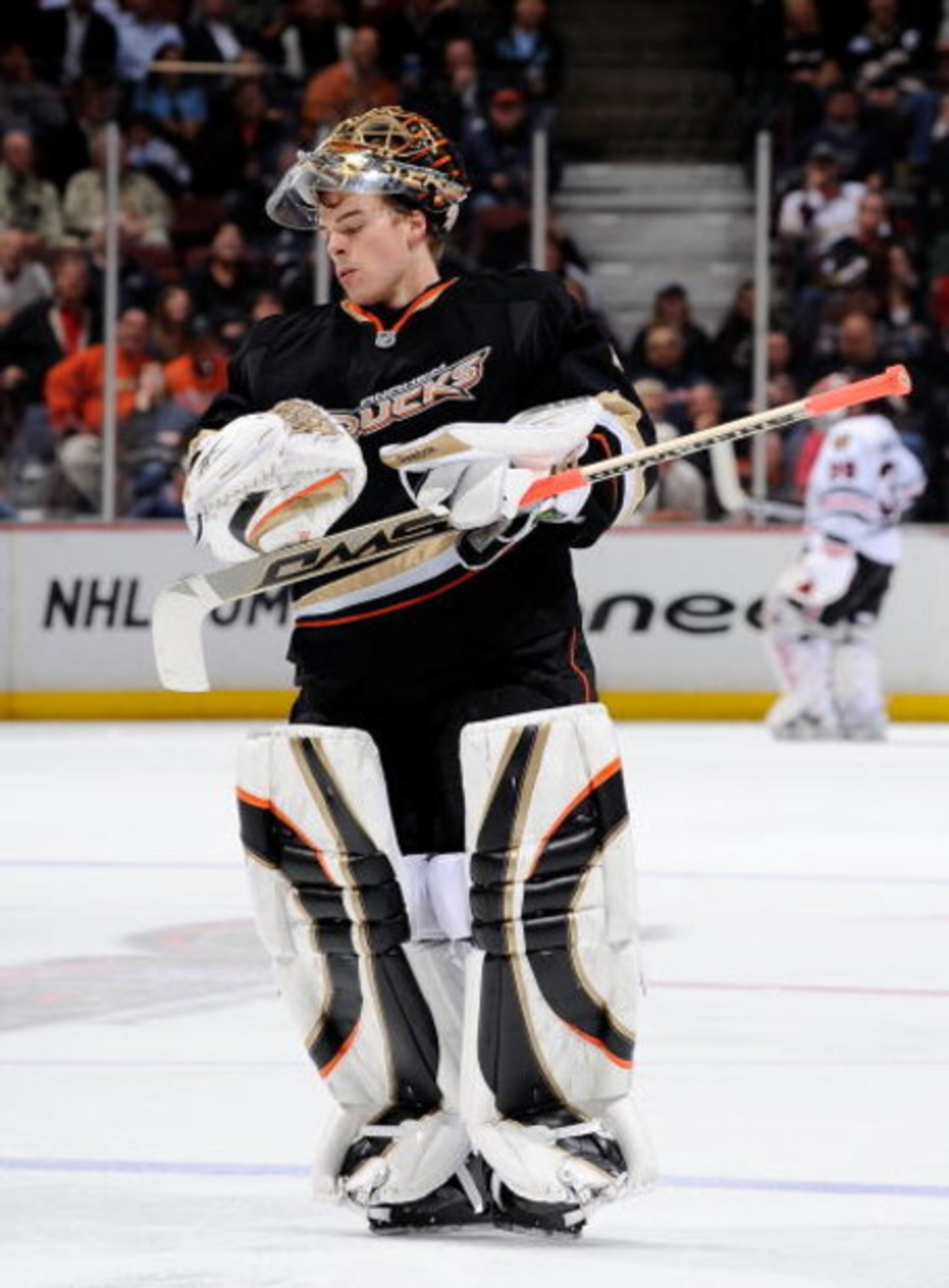 ANAHEIM, CA - JANUARY 28:  Goaltender Jonas Hiller #1 of the Anaheim Ducks skates back to his net during the game against Chicago Blackhawks in the second period at the Honda Center on January 28, 2009 in Anaheim, California.  (Photo by Kevork Djansezian/