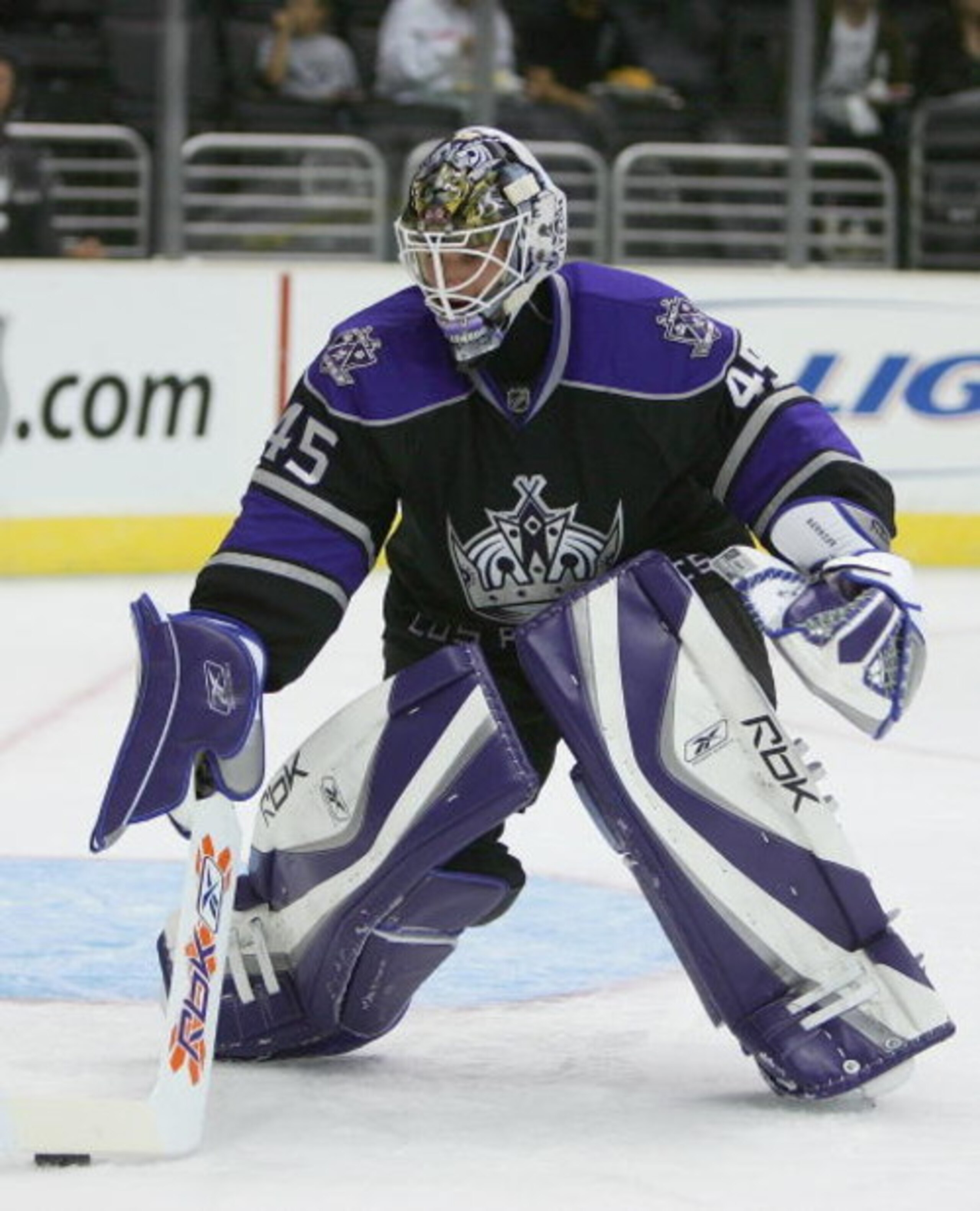 LOS ANGELES - SEPTEMBER 18:  Goaltender Jonathan Bernier #45 of the Los Angeles Kings stops the puck during NHL preseason game action against the San Jose Sharks at the Staples Center on September 18, 2007 in Los Angeles, California.  (Photo by Harry How/