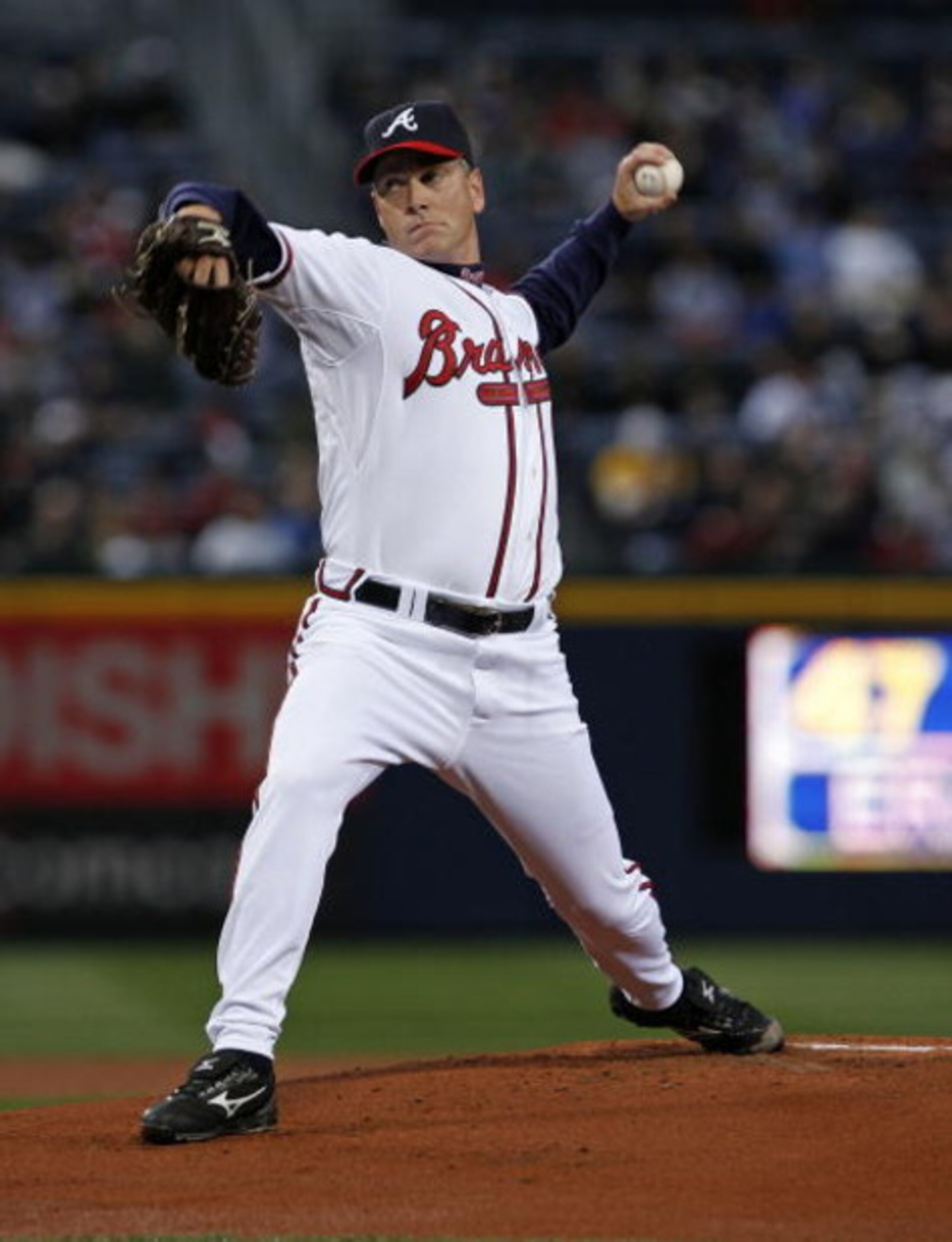 ATLANTA - MARCH 31: Pitcher Tom Glavine #47 of the Atlanta Braves throws a pitch in his first game back with the Braves during the game against the Pittsburgh Pirates on March 31, 2008 at Turner Field in Atlanta, Georgia. The Pirates beat the Braves 12-1 ATLANTA - MARCH 31: Pitcher Tom Glavine #47 of the Atlanta Braves throws a pitch in his first game back with the Braves during the game against the Pittsburgh Pirates on March 31, 2008 at Turner Field in Atlanta, Georgia. The Pirates beat the Braves 12-1