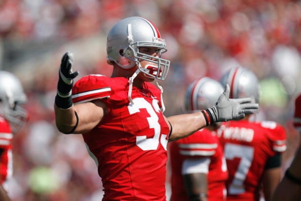 COLUMBUS, OH - SEPTEMBER 20:  James Laurinaitis #33 of the Ohio State Buckeyes celebrates on the field during the game against the Troy Trojans on September 20, 2008 at Ohio Stadium in Columbus, Ohio. Ohio State won the game 28-10. (Photo by Gregory Shamu
