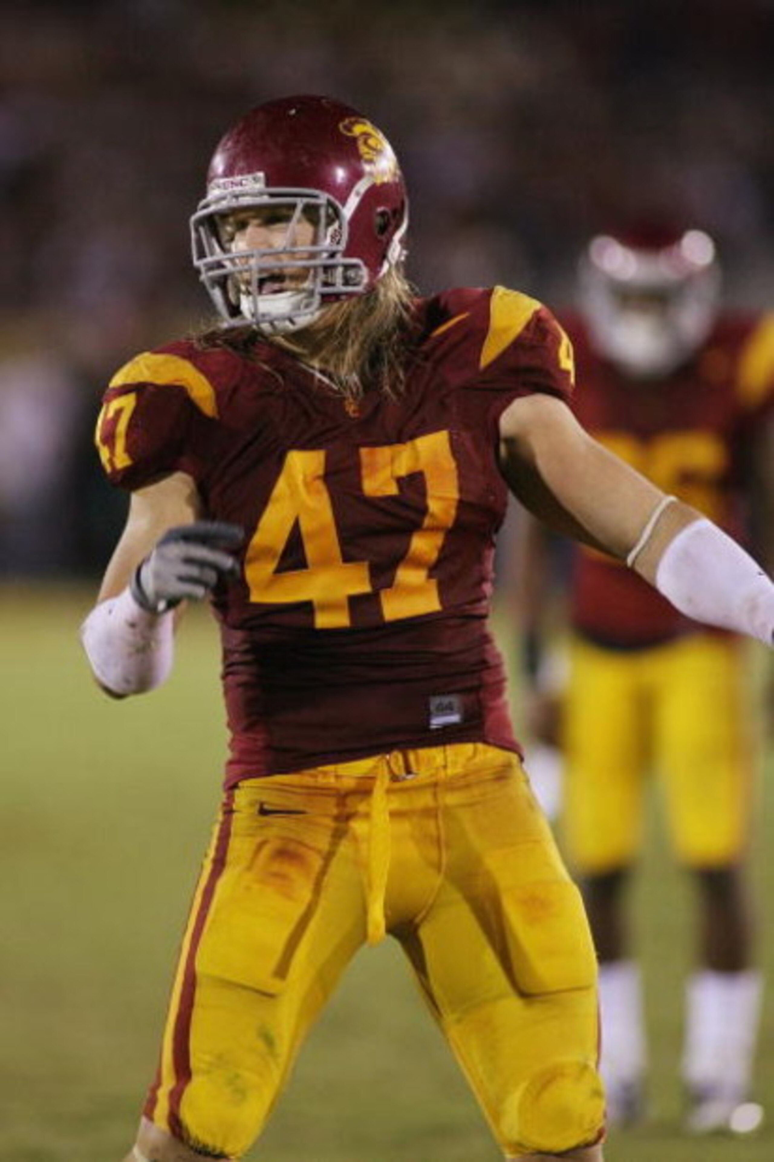 LOS ANGELES - NOVEMBER 8:  Clay Matthews #47 of the USC Trojans reacts against the California Bears on November 8, 2008 at the Los Angeles Memorial Coliseum in Los Angeles, California.  USC won 17-3.  (Photo by Jeff Golden/Getty Images)