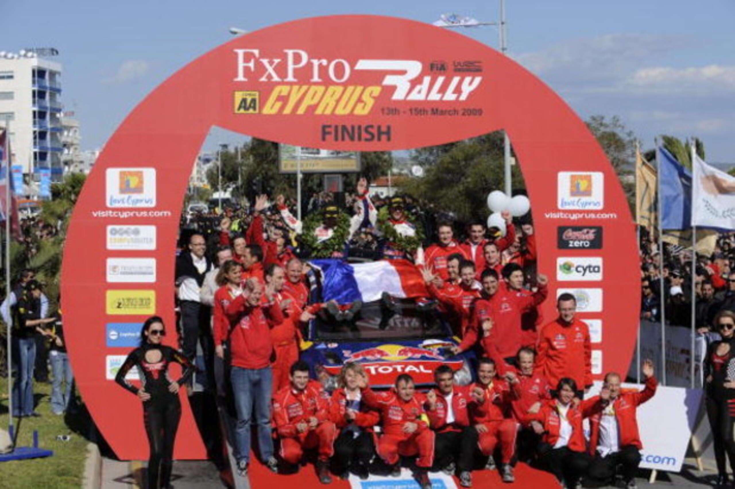 LIMASSOL, CYPRUS - MARCH 15: Sebastien Loeb of France and Daniel Elena of Monaco with the complete Citroen World Rally Team in the final cerimonial of the WRC FxPro Rally of Cyprus 2009 on March 15, 2009 in Limassol, Cyprus. (Photo by Massimo Bettiol/ LIMASSOL, CYPRUS - MARCH 15: Sebastien Loeb of France and Daniel Elena of Monaco with the complete Citroen World Rally Team in the final cerimonial of the WRC FxPro Rally of Cyprus 2009 on March 15, 2009 in Limassol, Cyprus. (Photo by Massimo Bettiol/