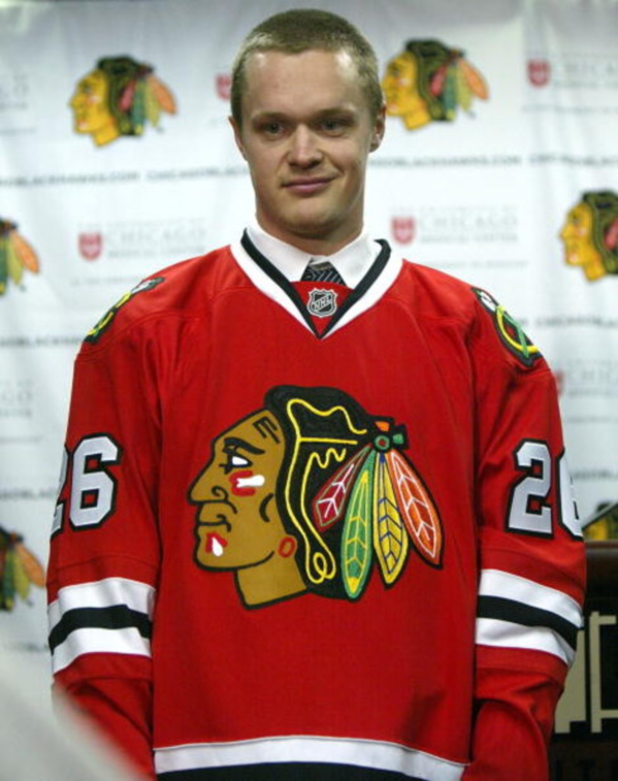 CHICAGO - MARCH 08:  Samuel Pahlsson #26 of the Chicago Blackhawks looks on during a press conference prior to their game against the Colorado Avalanche at the United Center on March 8, 2009 in Chicago, Illinois. Pahlsson was acquired by the Blackhawks in