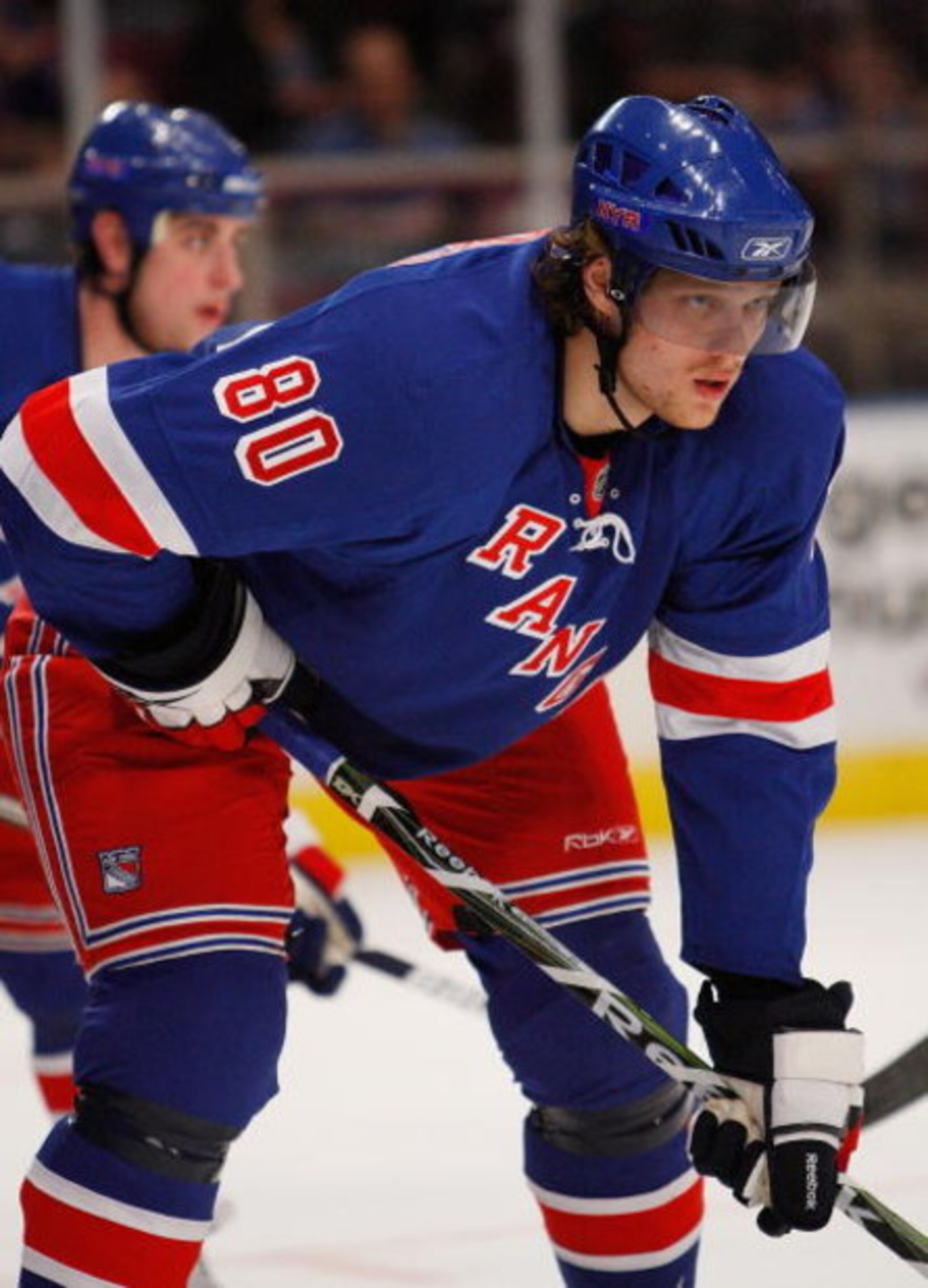 NEW YORK - MARCH 08:  Nik Antropov #80 of the New York Rangers looks against the Boston Bruins on March 8, 2009 at Madison Square Garden in New York City, New York.  (Photo by Nick Laham/Getty Images)