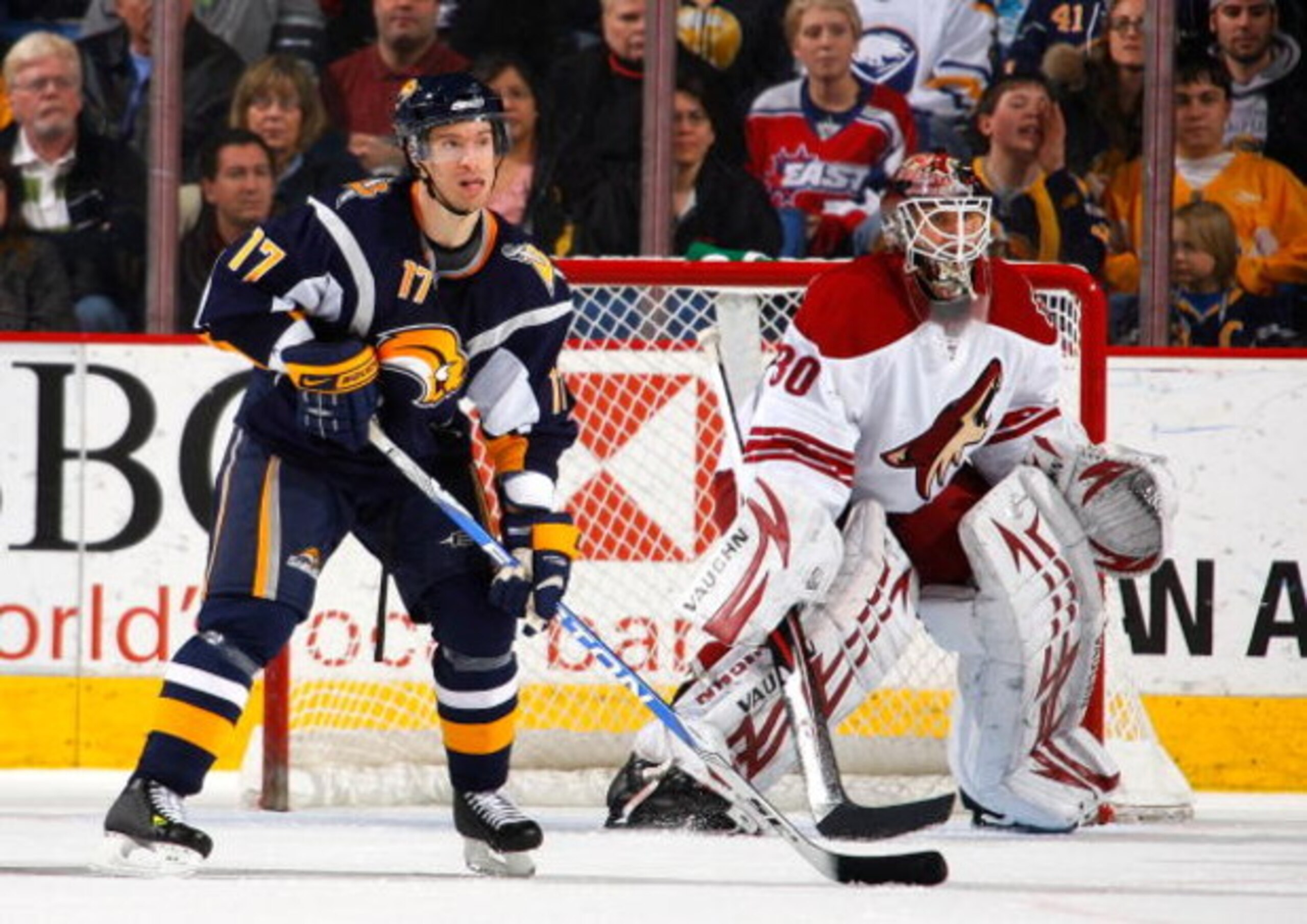 BUFFALO, NY - MARCH 06: Dominic Moore #17 of the Buffalo Sabres plays in his first game as a Sabre against Ilya Bryzgalov #30 of the Phoenix Coyotes  on March 6, 2009 at HSBC Arena in Buffalo, New York.  (Photo by Rick Stewart/Getty Images)