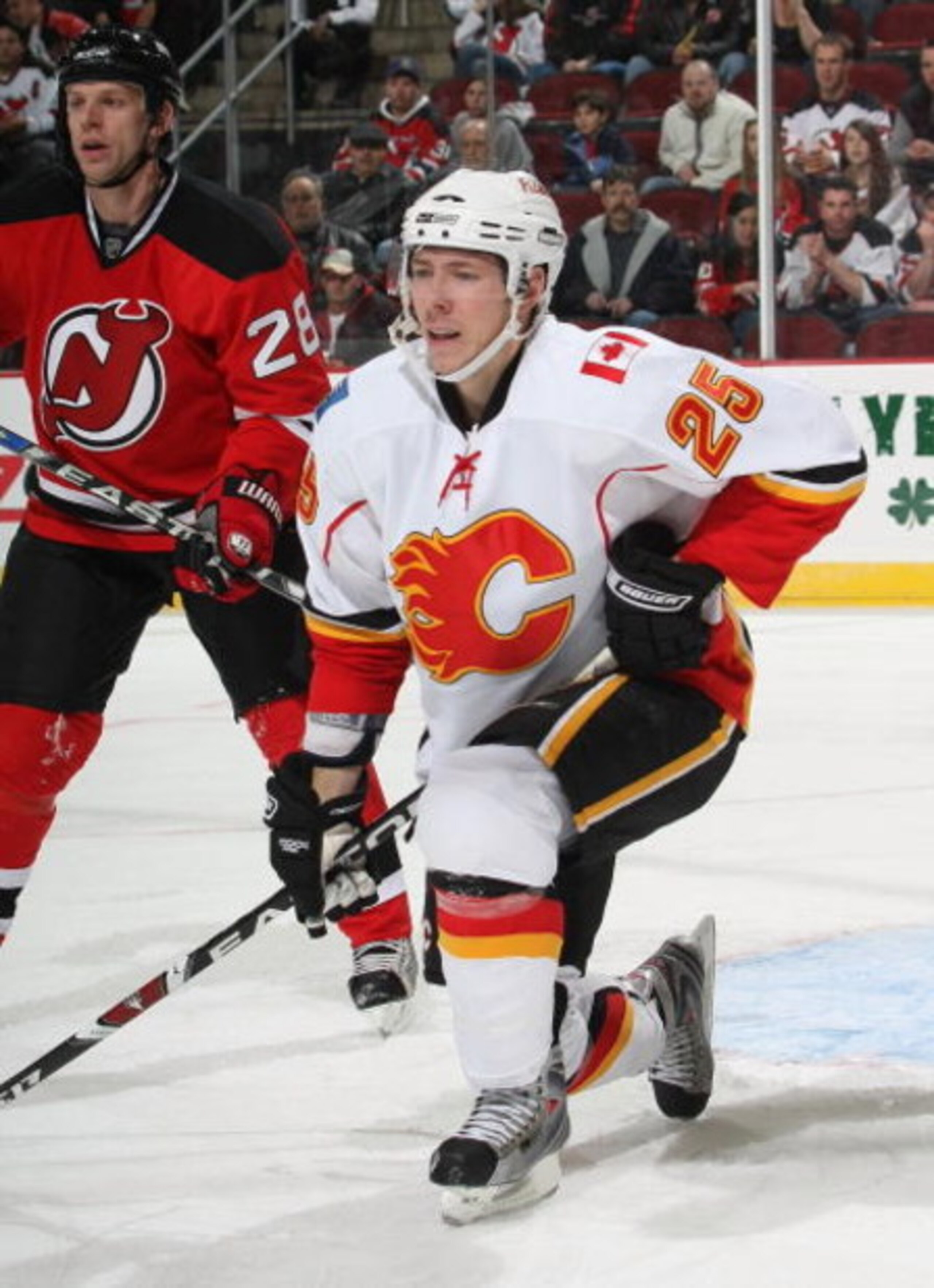 NEWARK, NJ - MARCH 10:  David Moss #25 of the Calgary Flames skates against the New Jersey Devils on March 10, 2009 at the Prudential Center in Newark, New Jersey.  (Photo by Bruce Bennett/Getty Images)