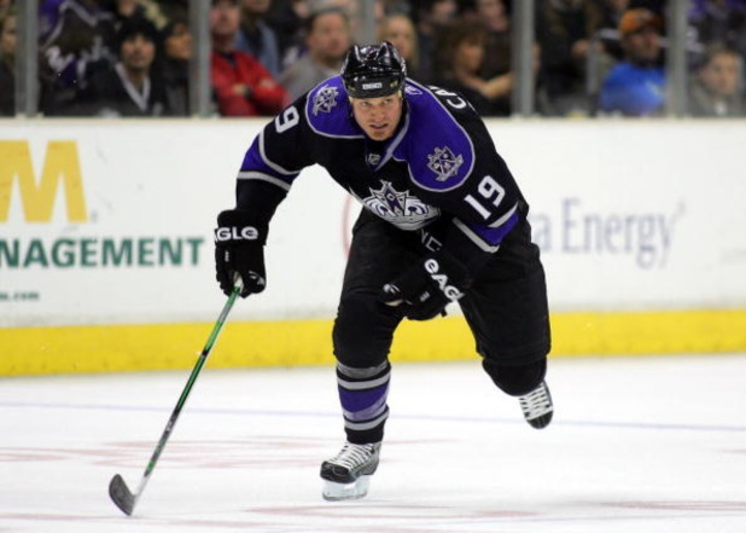 LOS ANGELES, CA - DECEMBER 01:  Kyle Calder #19 of the Los Angeles Kings skates through the neutral zone on the offensive rush during their NHL game against the Colorado Avalanche on December 1, 2007 at the Staples Center in Los Angeles, California.  The 