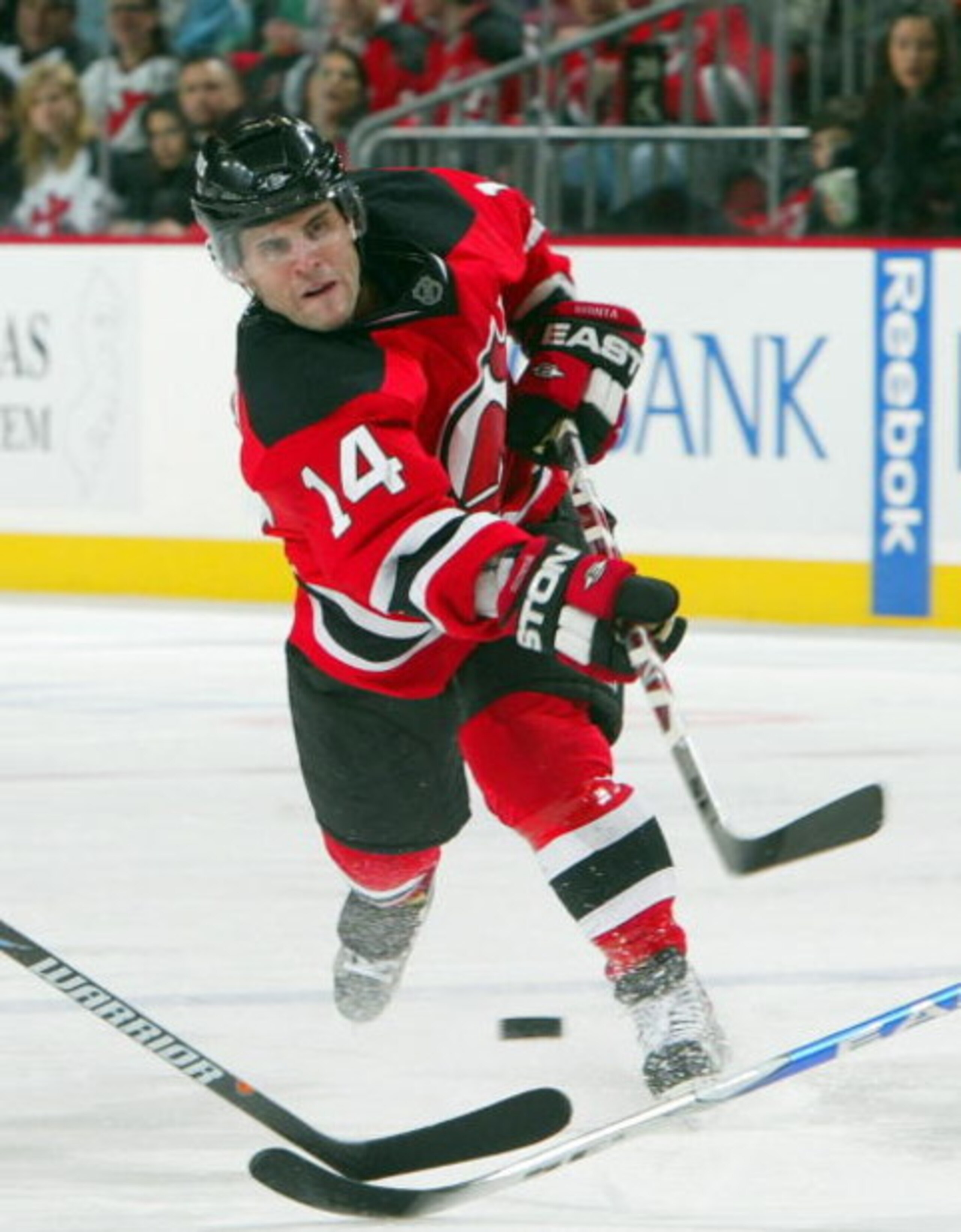 NEWARK, NJ - FEBRUARY 15:  Brian Gionta #14 of the New Jersey Devils skates against the San Jose Sharks at the Prudential Center on February 15, 2009 in Newark, New Jersey. The Devils defeated the Sharks 6-5.  (Photo by Jim McIsaac/Getty Images)