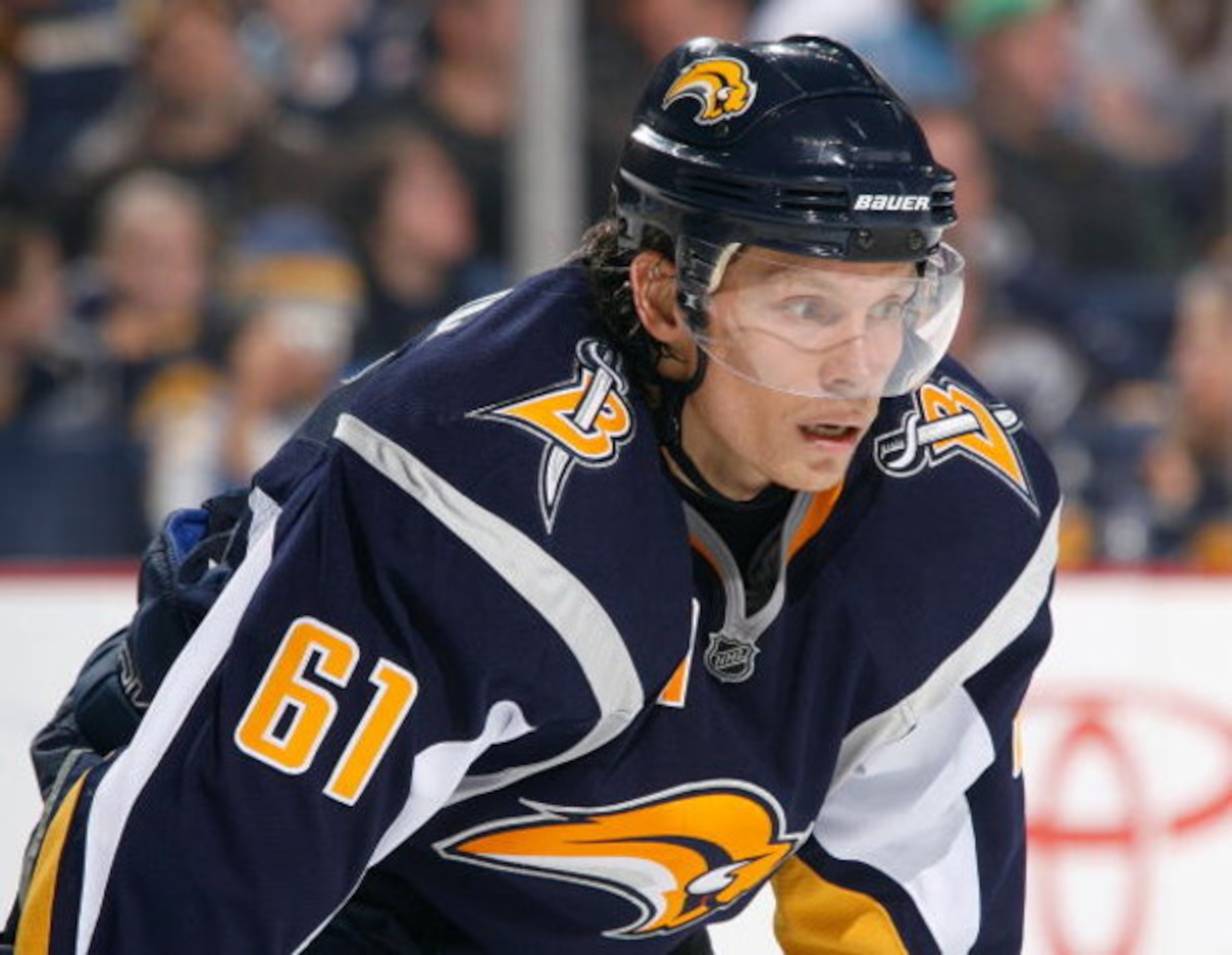 BUFFALO, NY - DECEMBER 27:  Maxim Afinogenov #61 of the Buffalo Sabres looks on during a break in NHL game action against the New York Islanders on December 27, 2008 at HSBC Arena in Buffalo, New York. The Sabres defeated the Islanders in shootout overtim