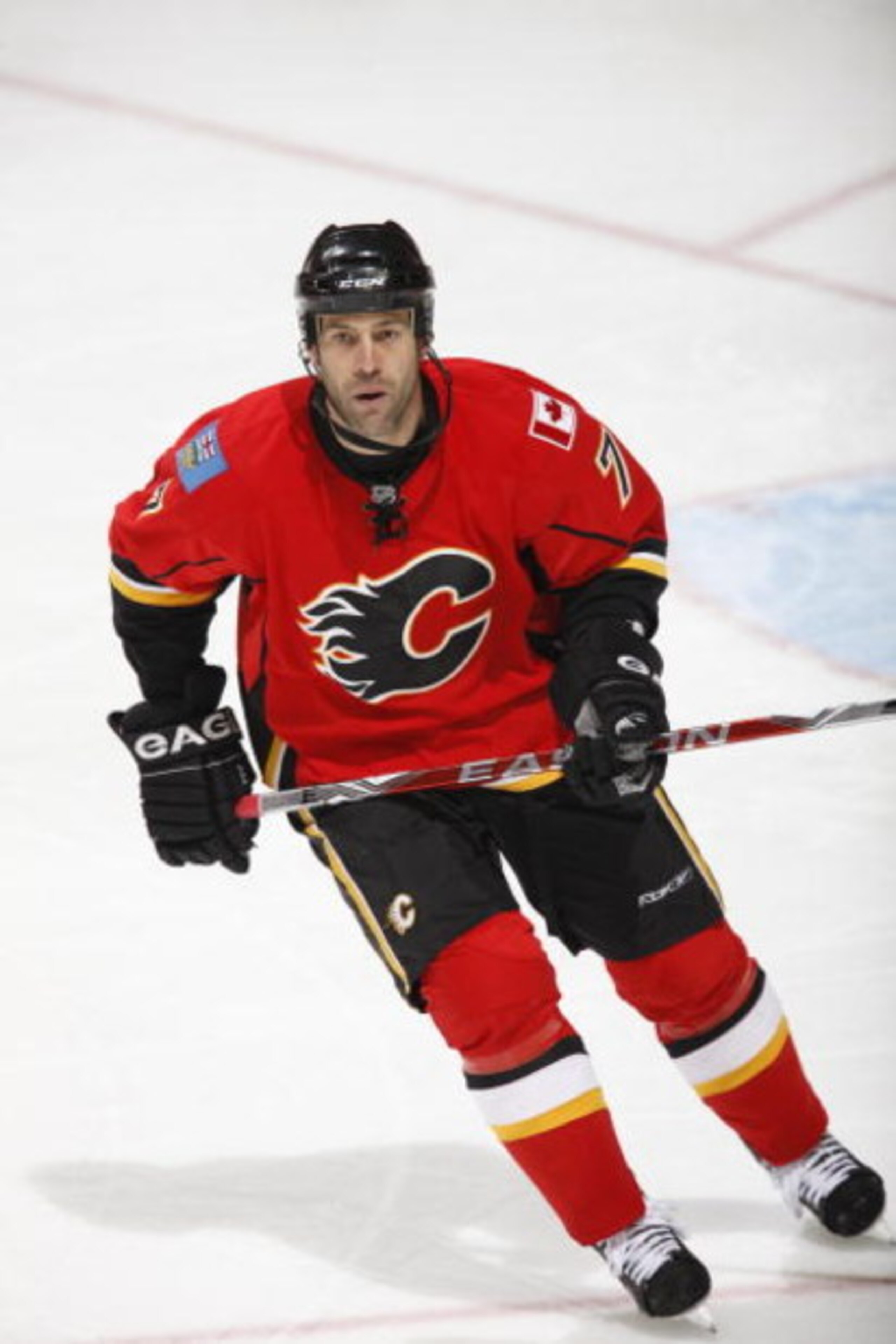 CALGARY, CANADA - FEBRUARY 5: Todd Bertuzzi #7 of the Calgary Flames skates against the Chicago Blackhawks on February 5, 2009 at Pengrowth Saddledome in Calgary, Alberta, Canada. (Photo by Dale MacMillan/Getty Images)