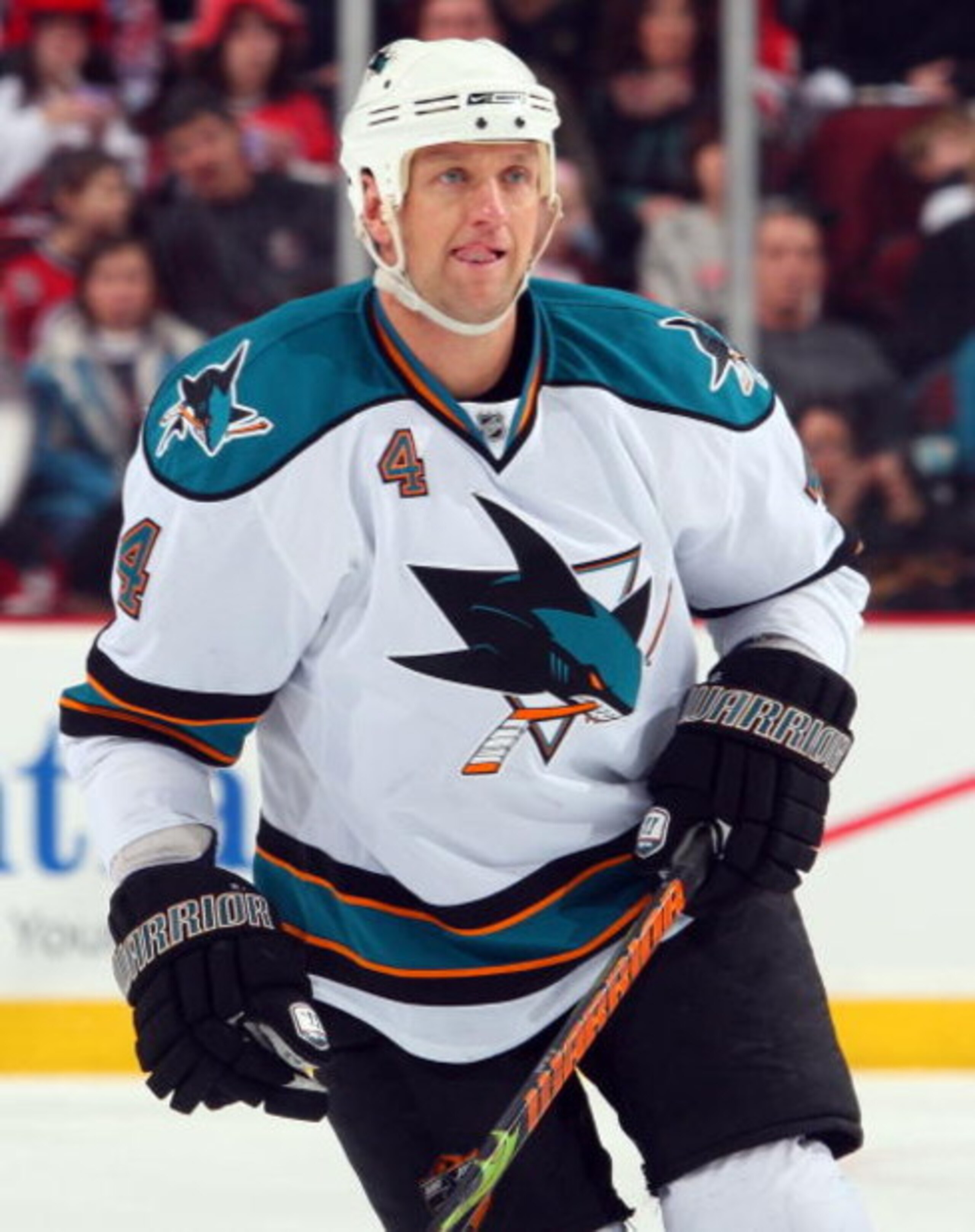 NEWARK, NJ - FEBRUARY 15:  Rob Blake #4 of the San Jose Sharks skates against the New Jersey Devils at the Prudential Center on February 15, 2009 in Newark, New Jersey. The Devils defeated the Sharks 6-5.  (Photo by Jim McIsaac/Getty Images)