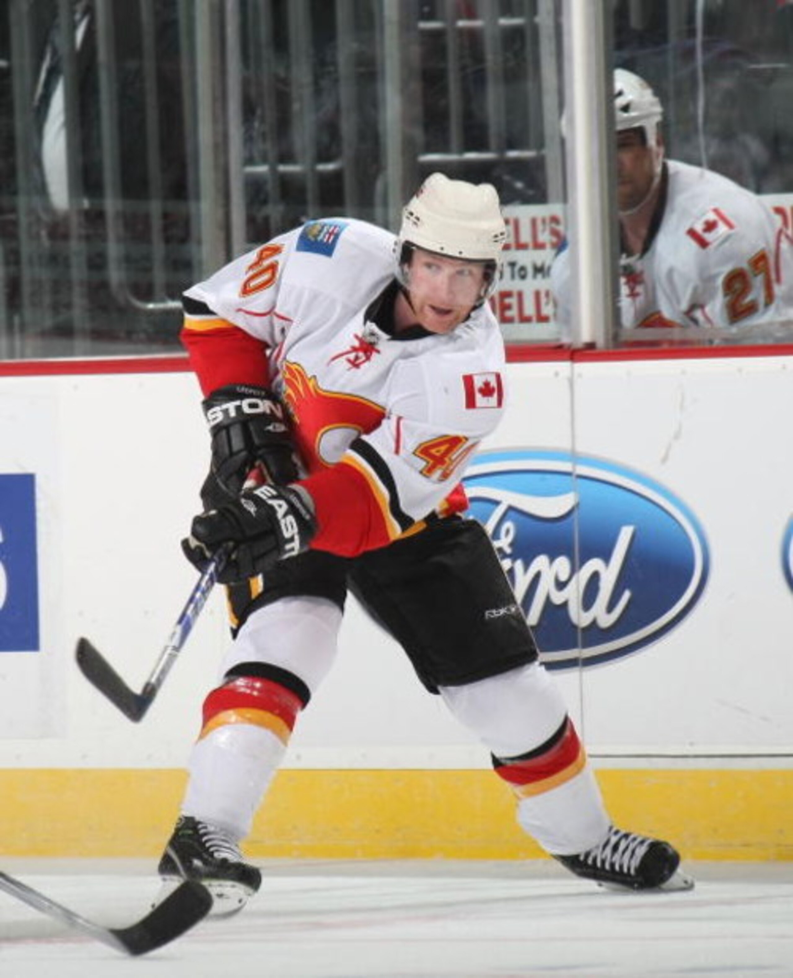 NEWARK, NJ - MARCH 10: Jordan Leopold #40 of the Calgary Flames skates against the New Jersey Devils on March 10, 2009 at the Prudential Center in Newark, New Jersey. (Photo by Bruce Bennett/Getty Images)