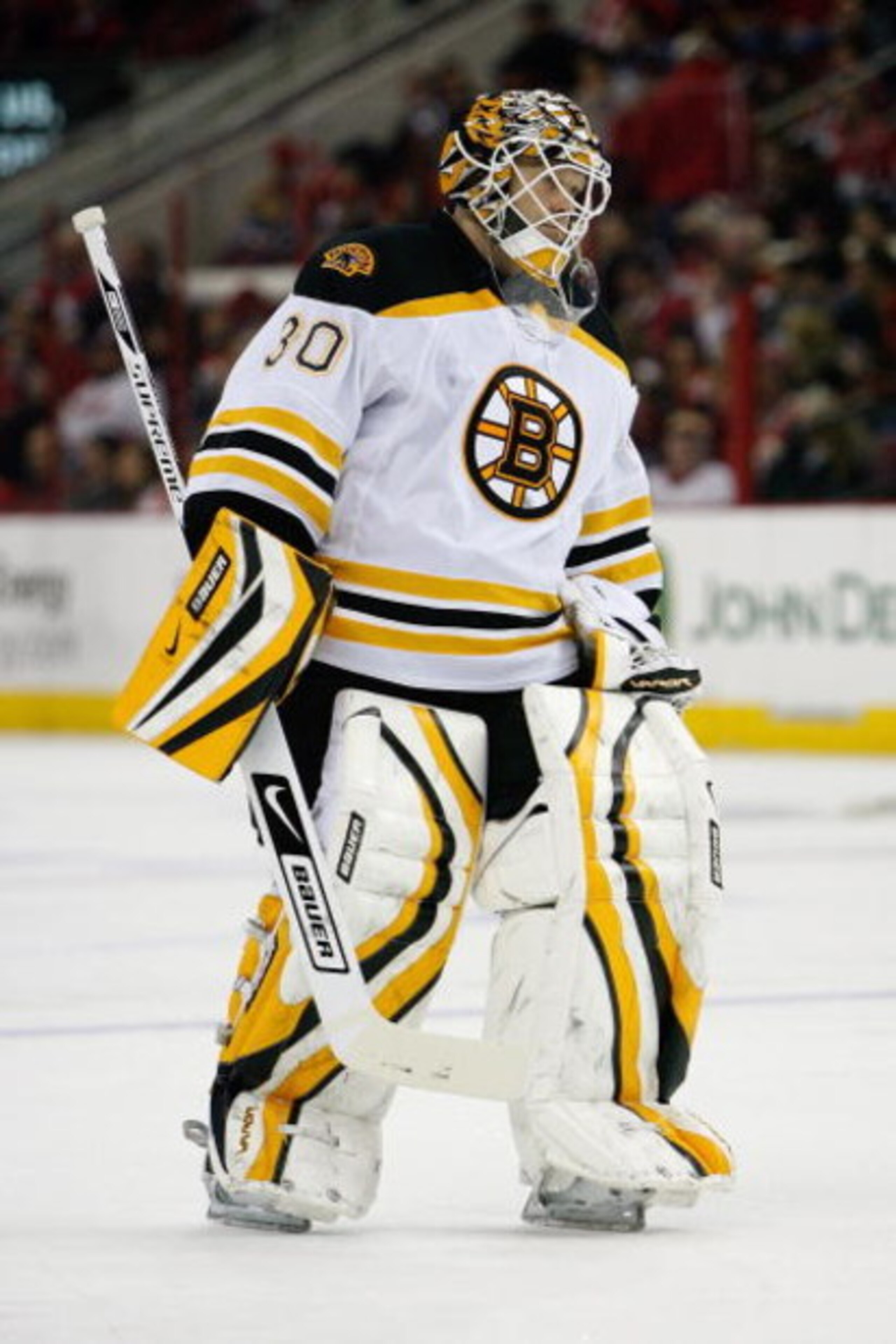 RALEIGH, NC - FEBRUARY 17:  Tim Thomas #30 of the Boston Bruins looks on during the game against the Carolina Hurricanes on February 17, 2009 at RBC Center in Raleigh, North Carolina.  (Photo by Kevin C. Cox/Getty Images)