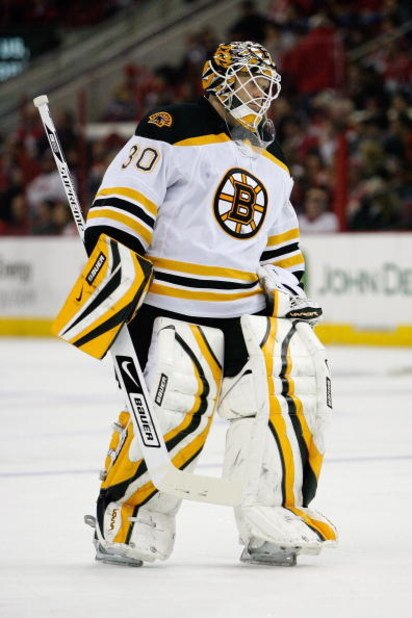 RALEIGH, NC - FEBRUARY 17:  Tim Thomas #30 of the Boston Bruins looks on during the game against the Carolina Hurricanes on February 17, 2009 at RBC Center in Raleigh, North Carolina.  (Photo by Kevin C. Cox/Getty Images)