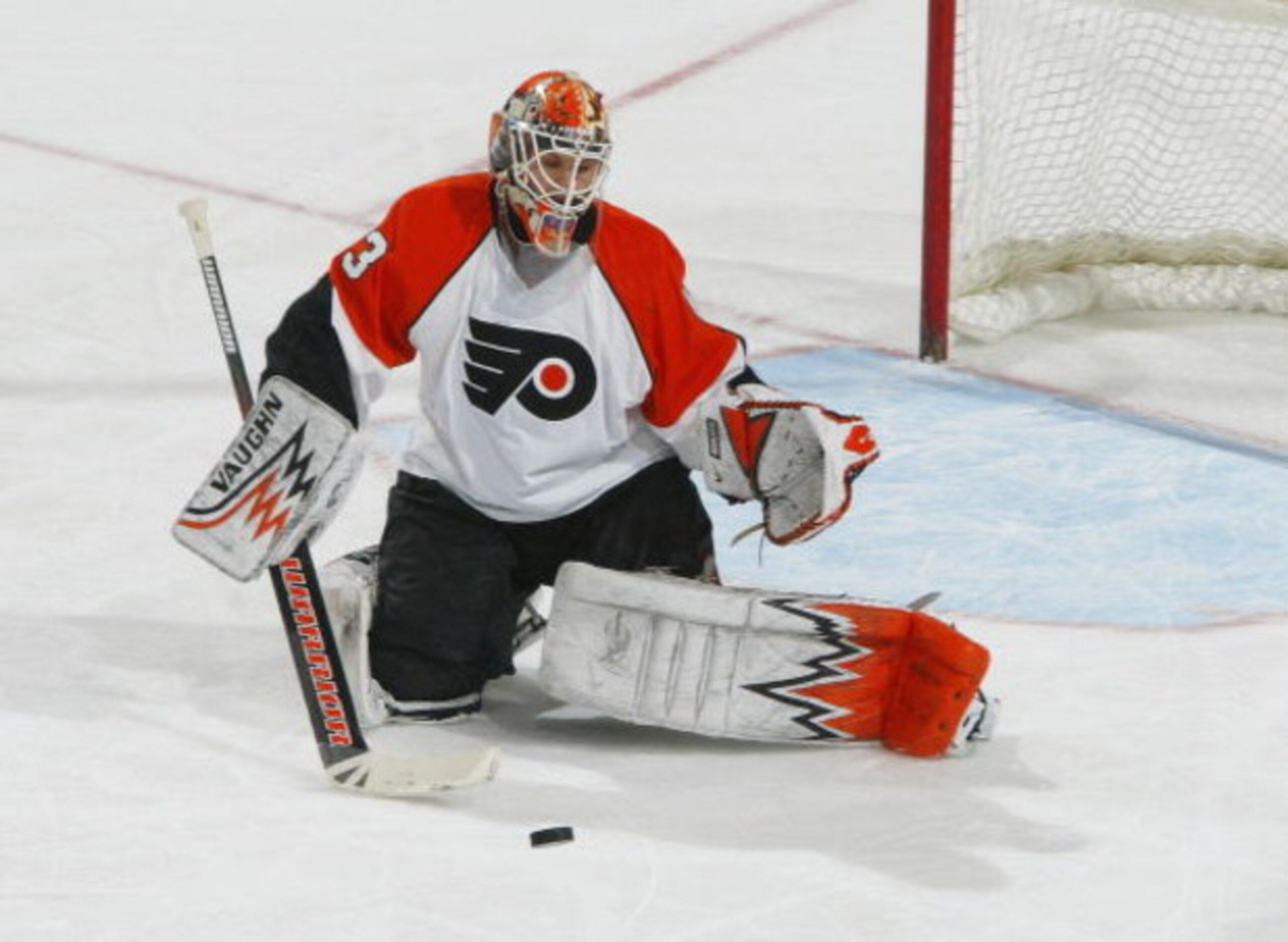 NEWARK, NJ - MARCH 01:  Martin Biron #43 of the Philadelphia Flyers skates against the New Jersey Devils  at the Prudential Center on March 1, 2009 in Newark, New Jersey.  The Devils defeated the Flyers 3-0.  (Photo by Mike Stobe/Getty Images)