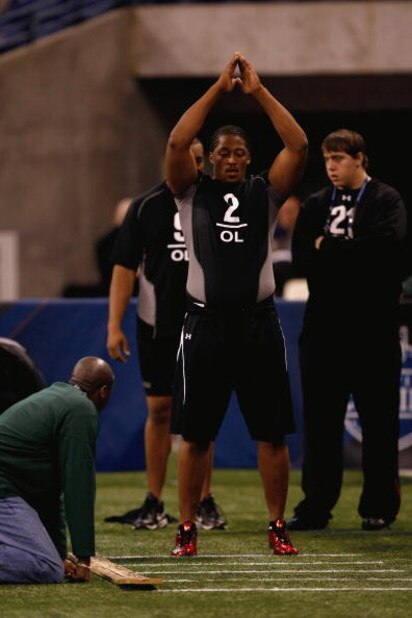 INDIANAPOLIS, IN - FEBRUARY 21:  Offensive lineman Will Beatty of Connecticut jumps in the broad jump as he participates in practice drills during the NFL Scouting Combine presented by Under Armour at Lucas Oil Stadium on February 21, 2009 in Indianapolis