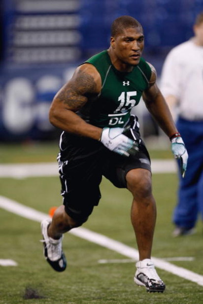 INDIANAPOLIS, IN - FEBRUARY 23:  Defensive lineman Larry English of Northern Illinois runs during the NFL Scouting Combine presented by Under Armour at Lucas Oil Stadium on February 23, 2009 in Indianapolis, Indiana. (Photo by Scott Boehm/Getty Images)