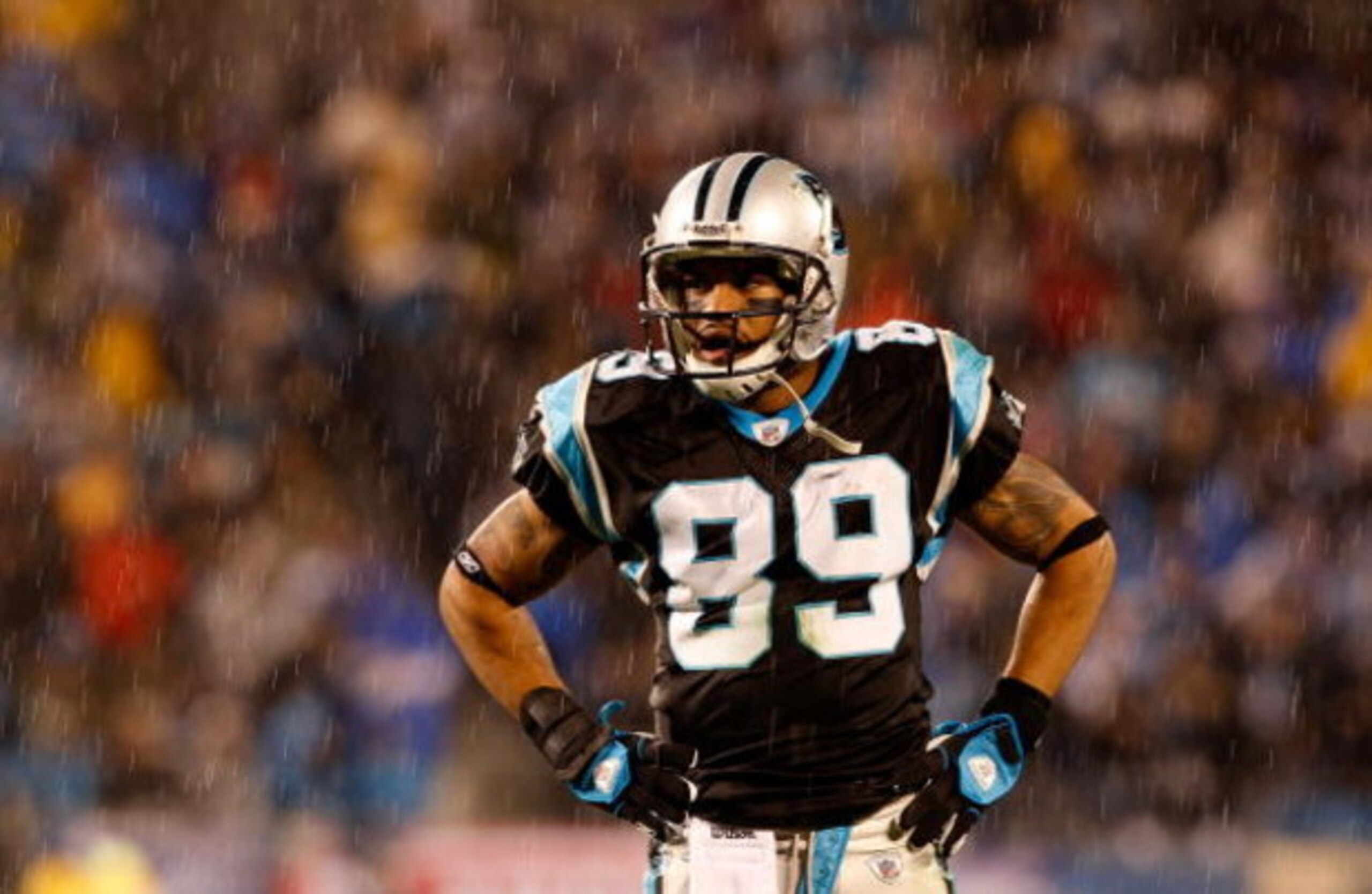 CHARLOTTE, NC - JANUARY 10: Steve Smith #89 of the Carolina Panthers looks on in the rain during the first quarter of the game against the Arizona Cardinals during the NFC Divisional Playoff Game on January 10, 2009 at Bank of America Stadium in Charlott CHARLOTTE, NC - JANUARY 10: Steve Smith #89 of the Carolina Panthers looks on in the rain during the first quarter of the game against the Arizona Cardinals during the NFC Divisional Playoff Game on January 10, 2009 at Bank of America Stadium in Charlott
