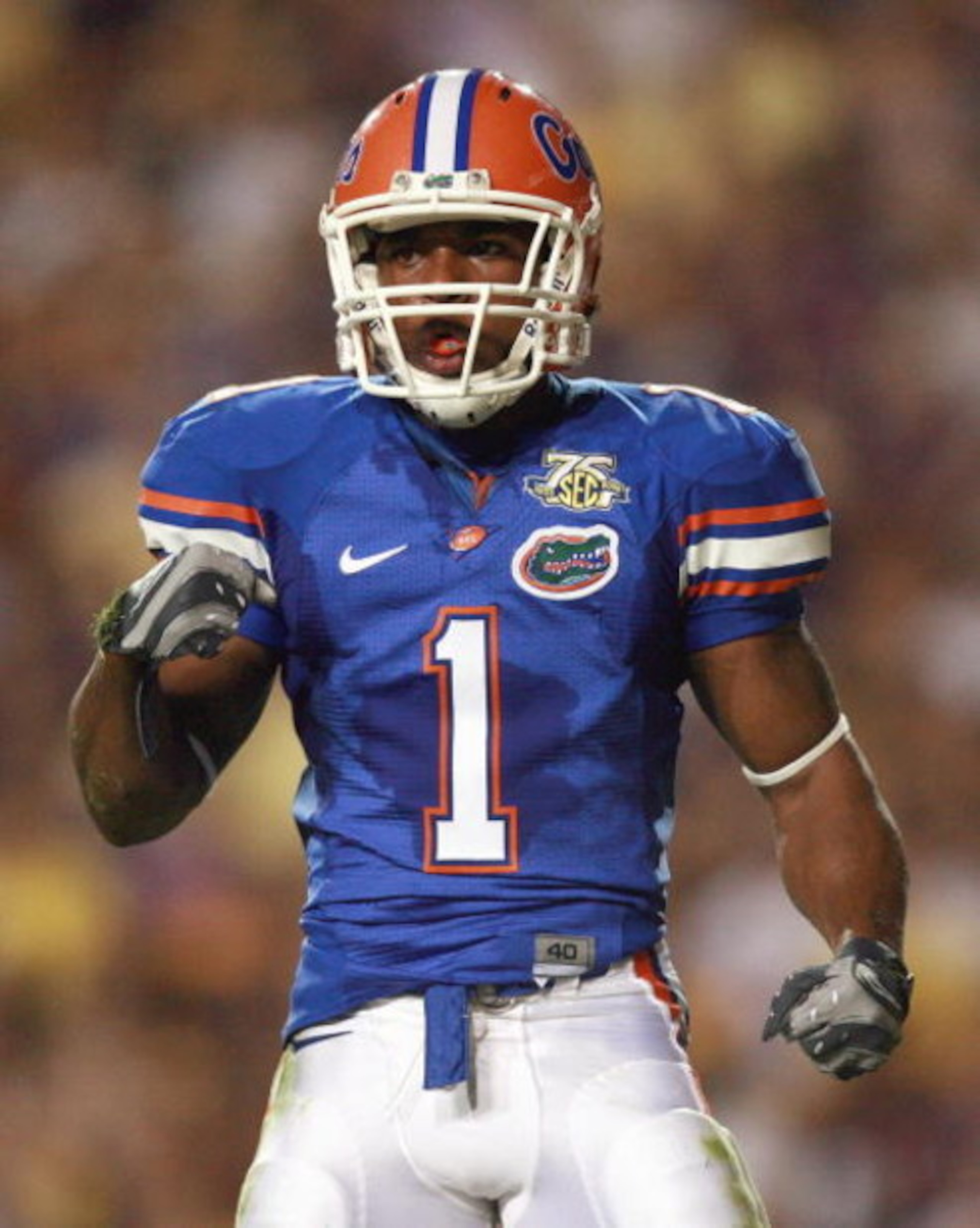 BATON ROUGE, LA - OCTOBER 6: Percy Harvin #1 of the Florida Gators celebrates on the field against the LSU Tigers at Tiger Stadium on October 6 , 2007 in Baton Rouge, Louisiana. LSU defeated Florida 28-24. (Photo by Doug Benc/Getty Images) 