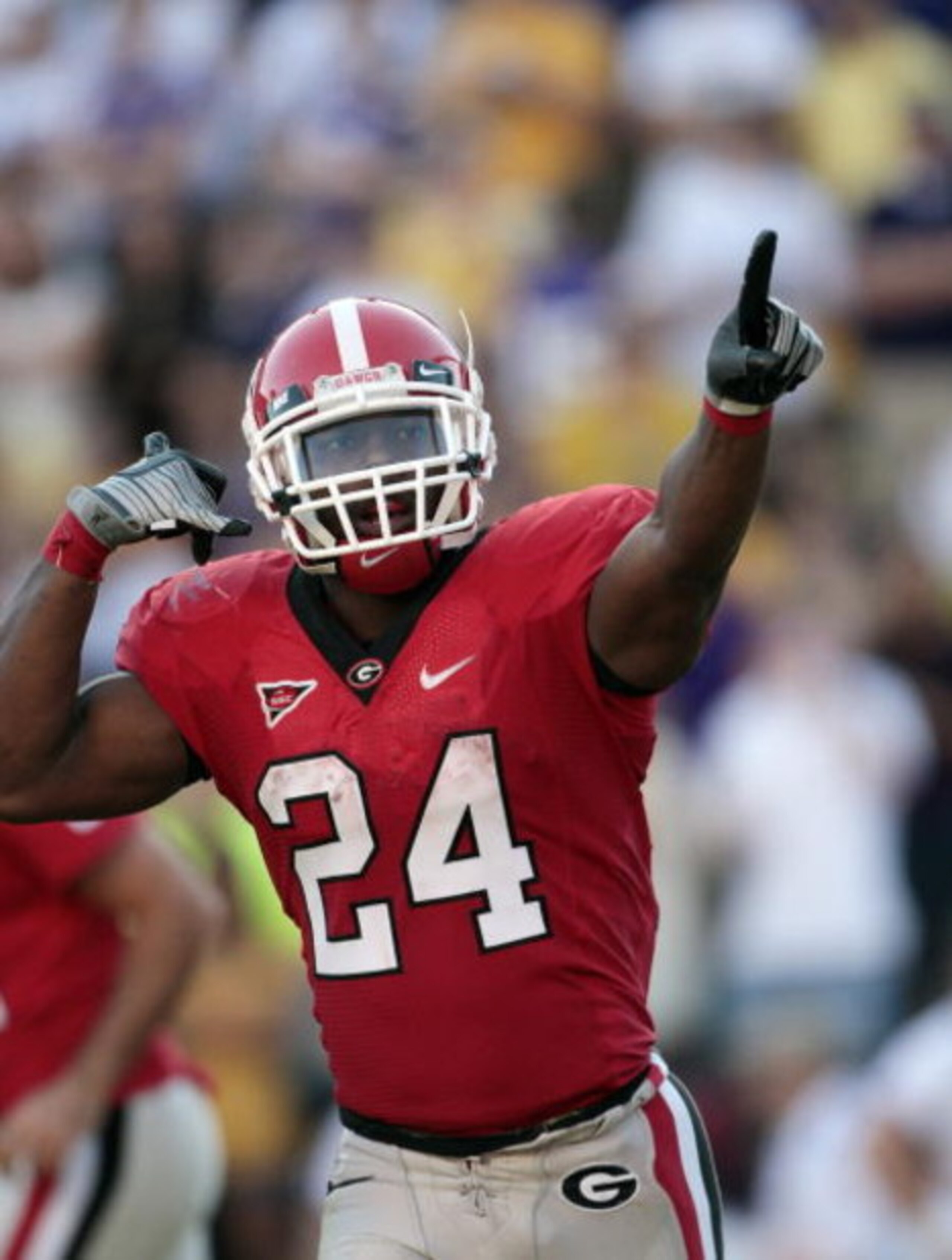 BATON ROUGE, LA - OCTOBER 25:  Knowshon Moreno #24 of Georgia reacts after scoring on a 68-yard touchdown run against Louisiana State during their football game at Tiger Stadium on October 25, 2008 in Baton Rouge, Louisiana.  Moreno ran for 168-yards. (Ph