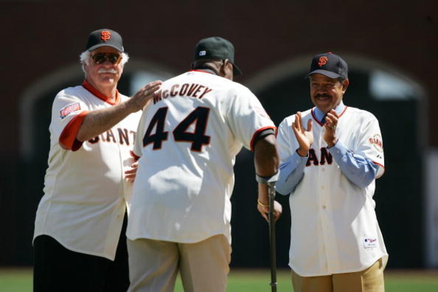 SAN FRANCISCO - APRIL 3:  Hall of Fame players Gaylord Perry, Willie McCovey and Juan Marichal participate in a pregame ceremony before the San Francisco Giants game against the San Diego Padres during Opening Day on April 3, 2007 at AT&T Park in San Fran