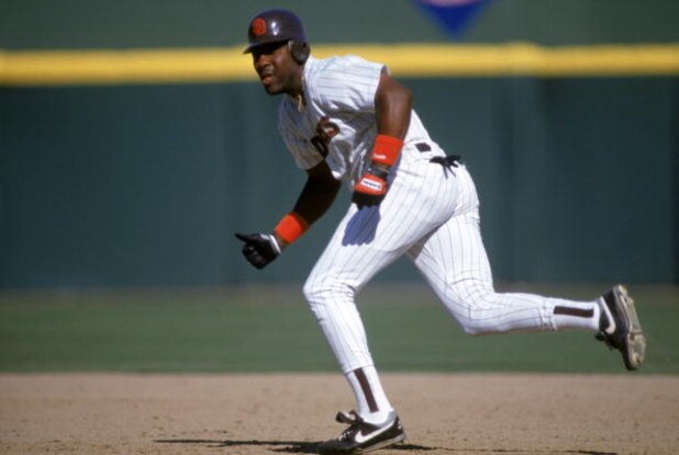 SAN DIEGO - 1990:  Joe Carter #17 of the San Diego Padres runs the bases during a 1990 game at Jack Murphy Stadium in San Diego, California.  (Photo by Stephen Dunn/Getty Images)