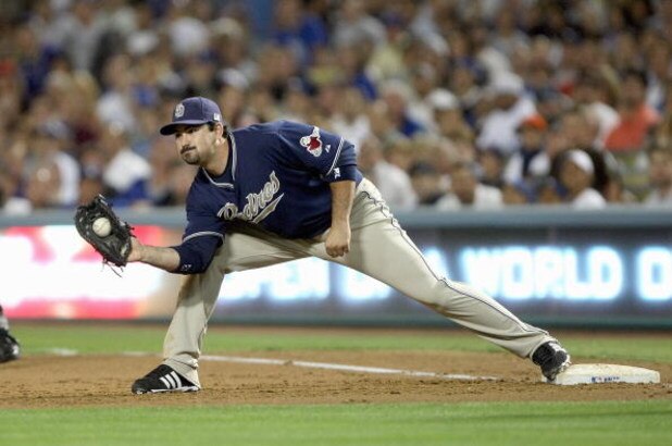 LOS ANGELES - SEPTEMBER 11: Adrian Gonzalez #23 of the San Diego Padres makes a catch during the game against the Los Angeles Dodgers on September 11, 2007 at Dodger Stadiium in Los Angeles, California. (Photo by Stephen Dunn/Getty Images) 